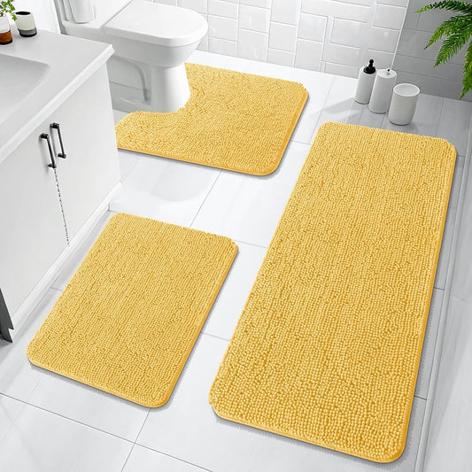 OLANLY Bathroom Rugs Sets 3 Piece, Soft Absorbent Chenille Bath Mats and U-Shaped Contour Toilet Rug, Quick Dry, Home Decor Accessories, Bath Mat Set for Bathroom (47"x20"+24"x16"+24"x20", Yellow)