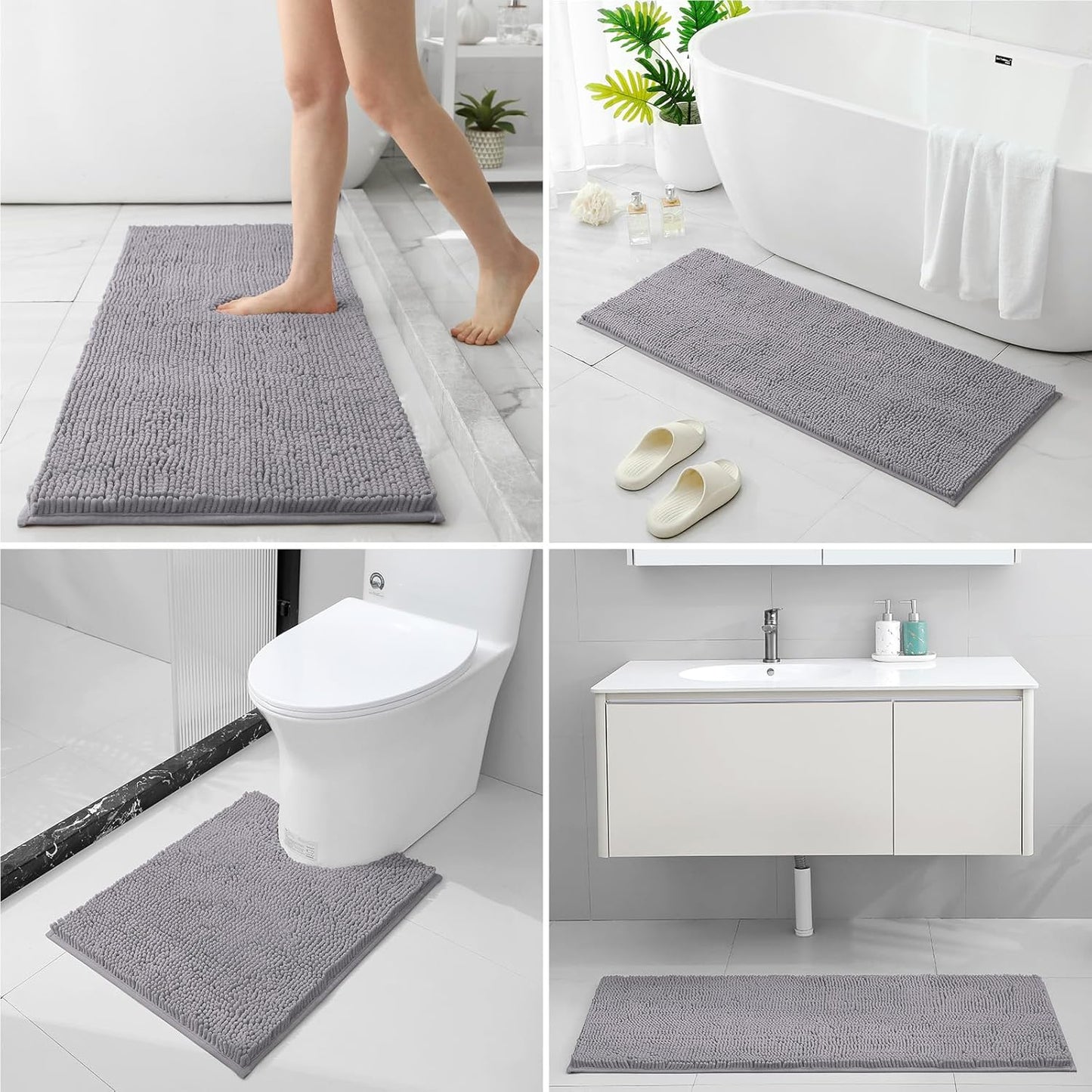 HOMEIDEAS 3 Pieces Bathroom Rugs, Extra Large Ultra Soft Non Slip Absorbent Chenille Toilet Bath Mat Set (Grey,17"x24"+20"x48"+U Shape 20"x24")