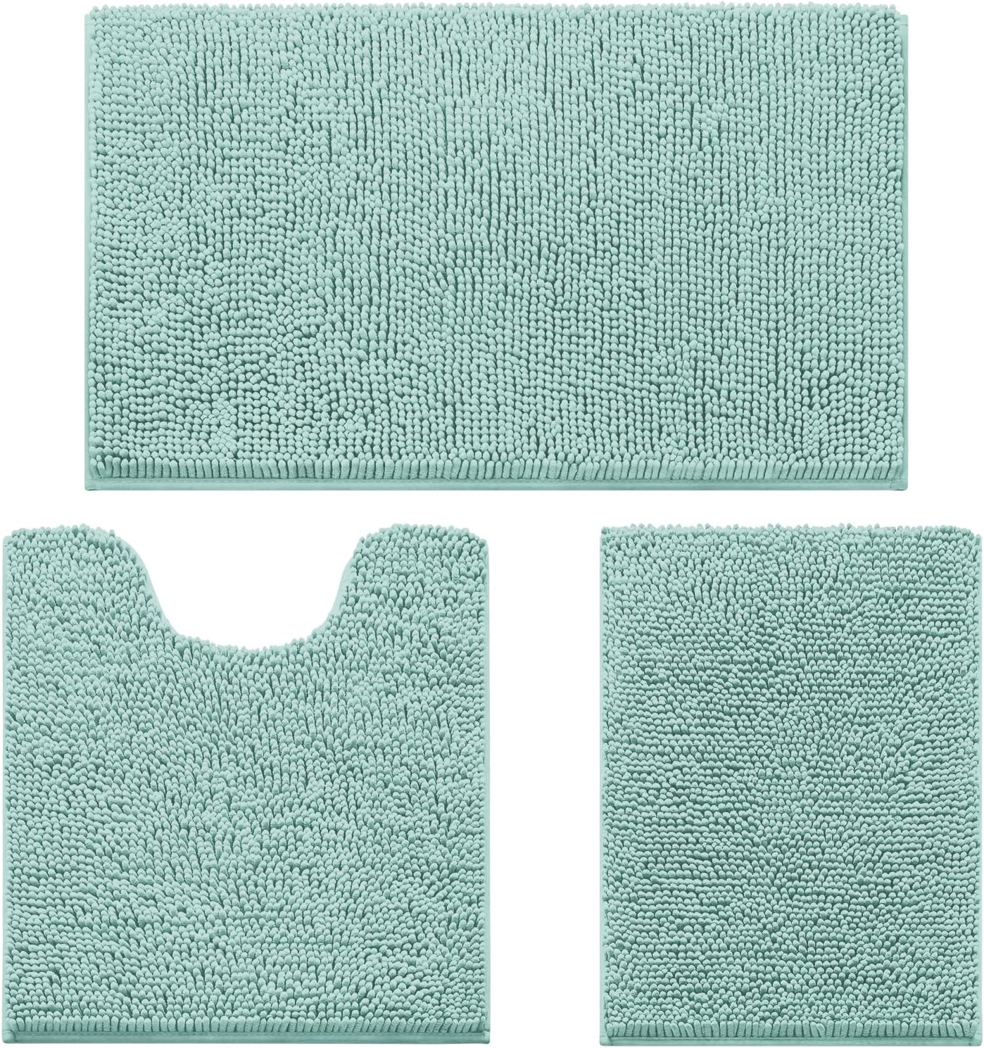HOMEIDEAS 3 Pieces Bathroom Rugs, Ultra Soft Non Slip Absorbent Chenille Toilet Bath Mat Set (Eggshell Blue,17"x24"+20"x32"+U Shape 20"x24")