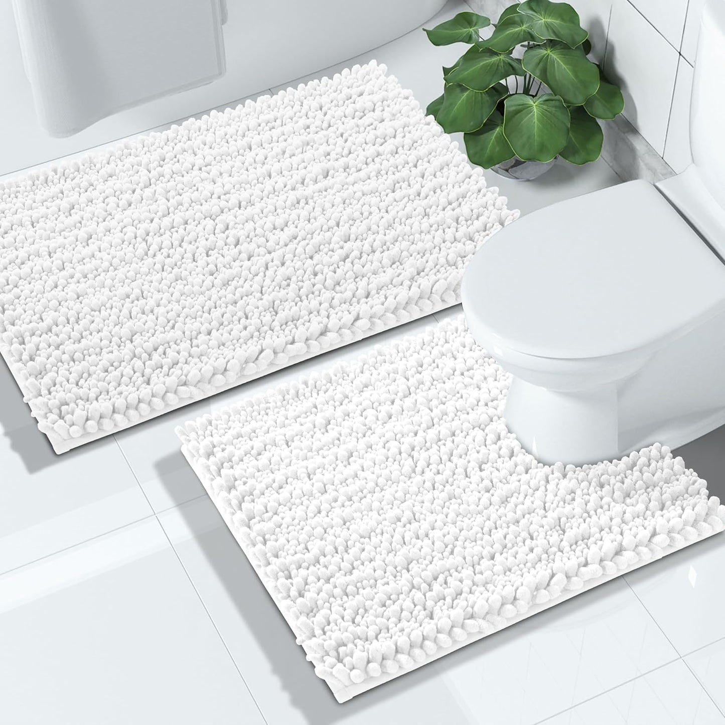 Yimobra Bathroom Rugs Sets 2 Piece - Quick Dry Extra Thick Luxury Chenille Bath Mat, Non Slip Super Absorbent for Tub Shower Sink, Machine Washable Shaggy Floor Mat, 24"x17+24"x20" Inch, White