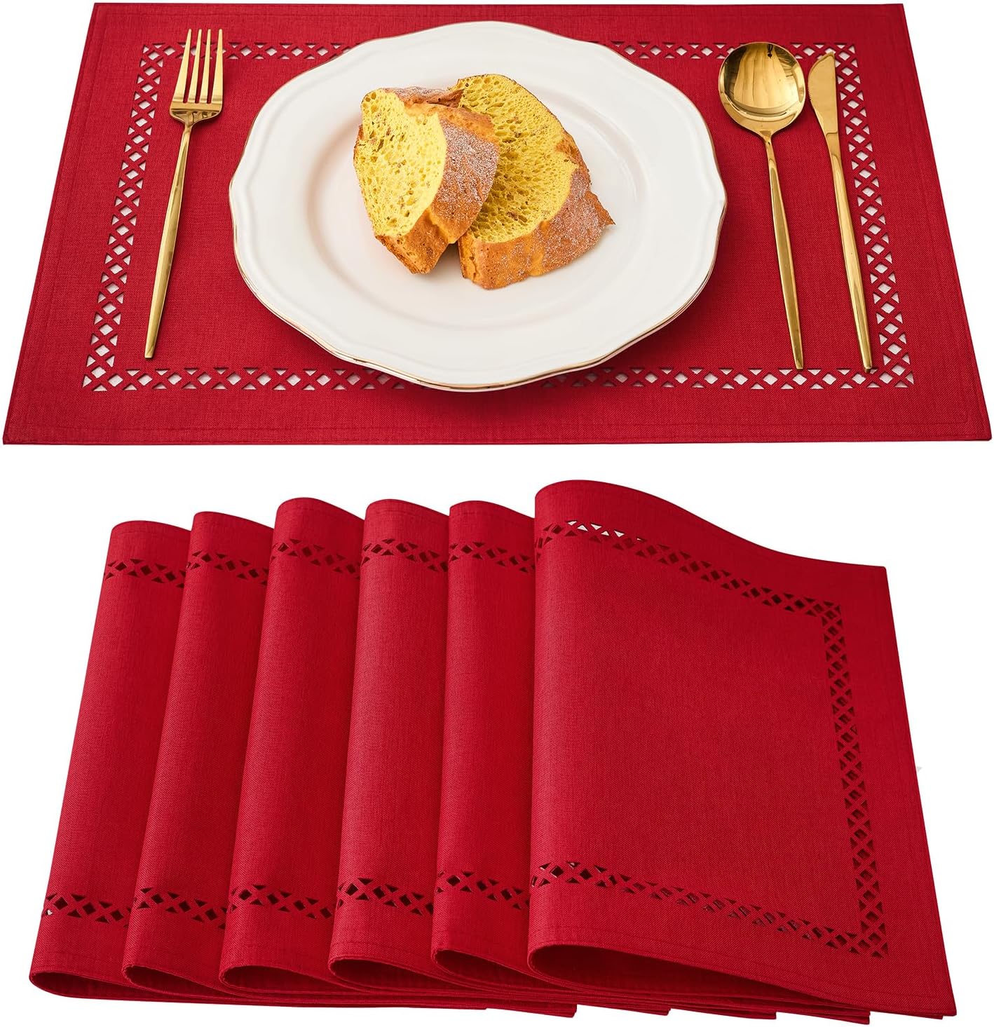 Red Placemats Set of 6, 12 x 18 Inch Rustic Geometric Hollow Place Mats, Heat Resistant Placemats for Farmhouse Kitchen Table Decor, Red 6PCS