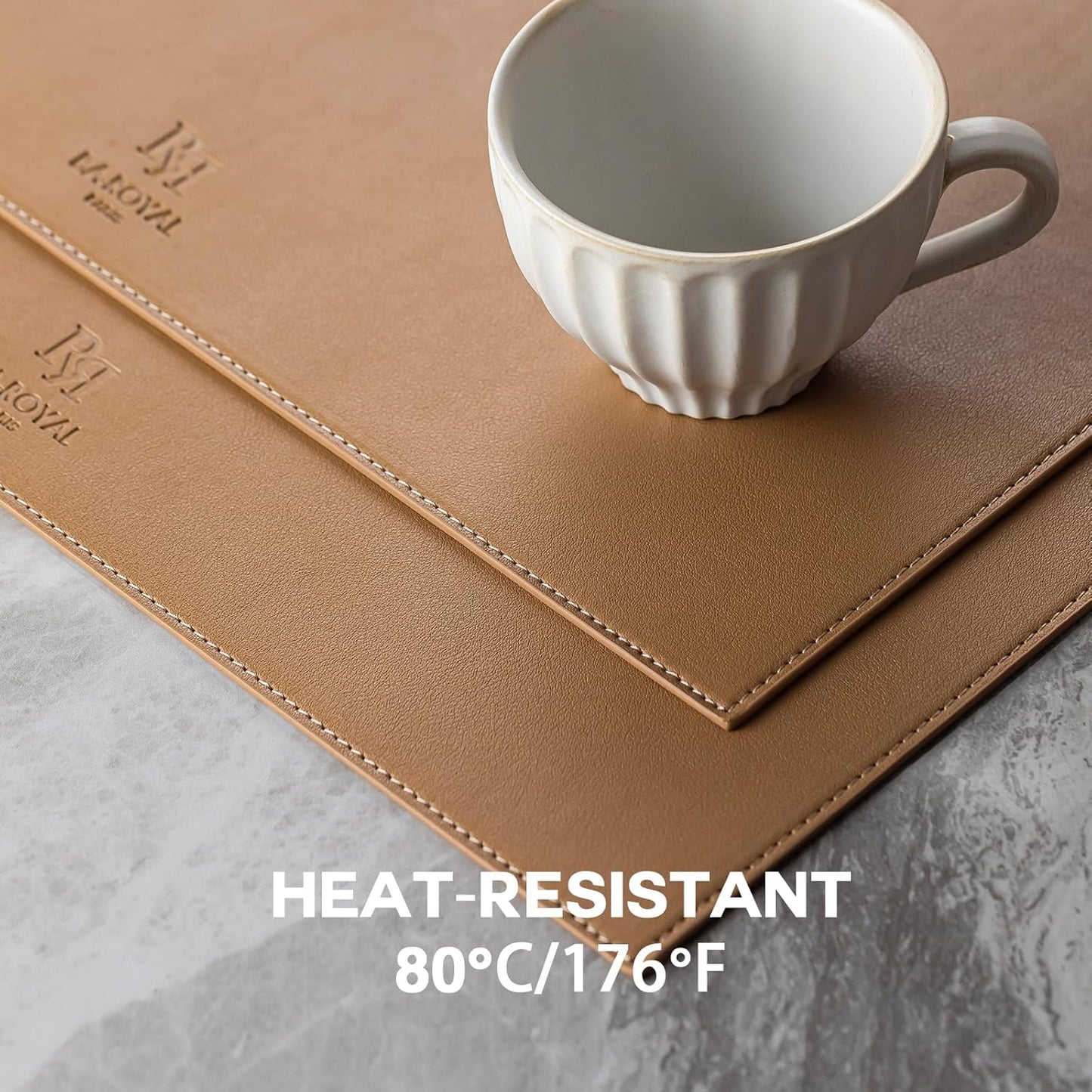 Faux Leather Placemats Set of 12 Vinyl Washable Wipeable Table Mats for Kitchen Dining Table Heat Resistant Waterproof Indoor/Outdoor Placemats Non-Slip Easy Clean Place Mats (British Khaki)