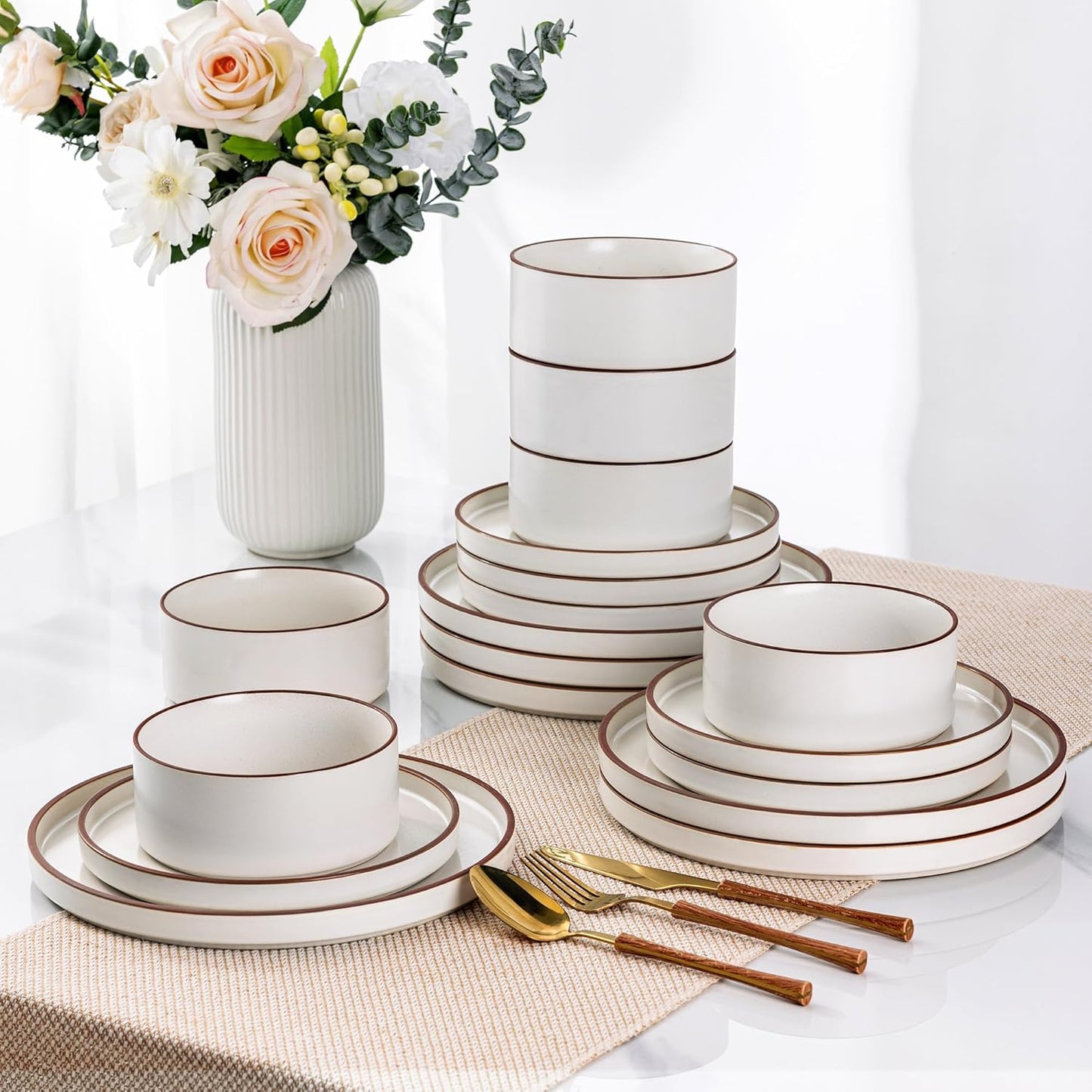 LERATIO Ceramic Dinnerware Sets for 6, High Edge Stoneware Plates and Bowls Set, Chip and Crack Resistant | Oven & Dishwasher & Microwave Safe Dishes Set, Service for 6 -Vanilla White
