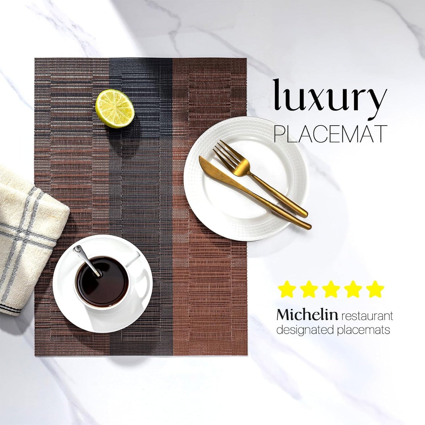 LEXMORE Placemats Set of 4 Vinyl/Plastic Woven Place Mats for Kitchen Table Indoor/Outdoor Washable Placemat Wipeable Dining Table Mats(Ombre Brown Black)