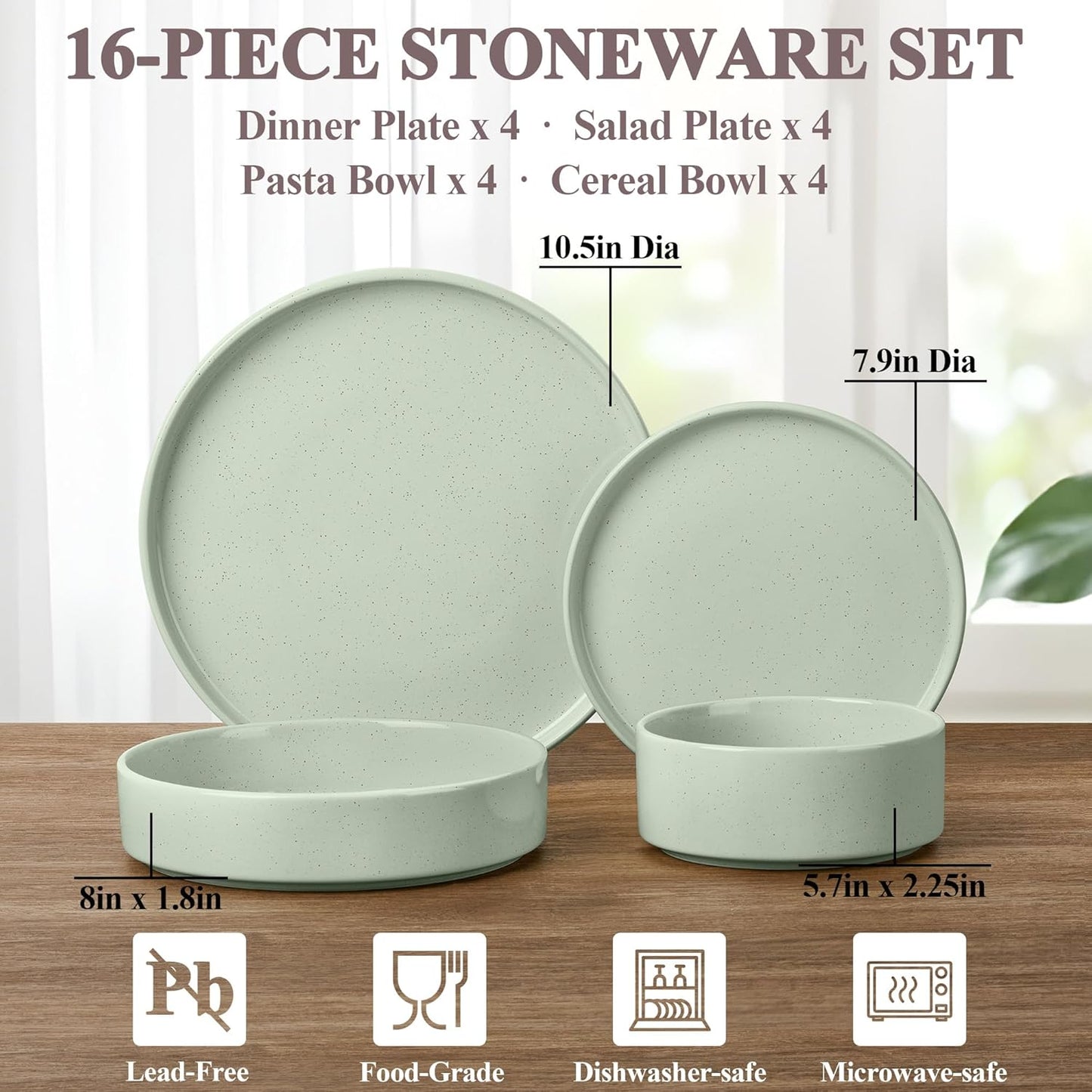 Herogo 16 Piece Plates and Bowls Set, Porcelain Dinnerware Sets with Pasta Bowls, Kitchen Dinner Ware Dishes Service for 4, Chip & Scratch Resistant Dishware, Speckled Light Green