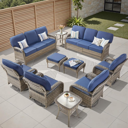 10 Pieces Patio Furniture Set Outdoor Sectional Sofa Couch with Rocking Swivel Chairs 5" Deep Seat Chairs, Modern Wicker Rattan Conversation Set, Blue/Gray Wicker