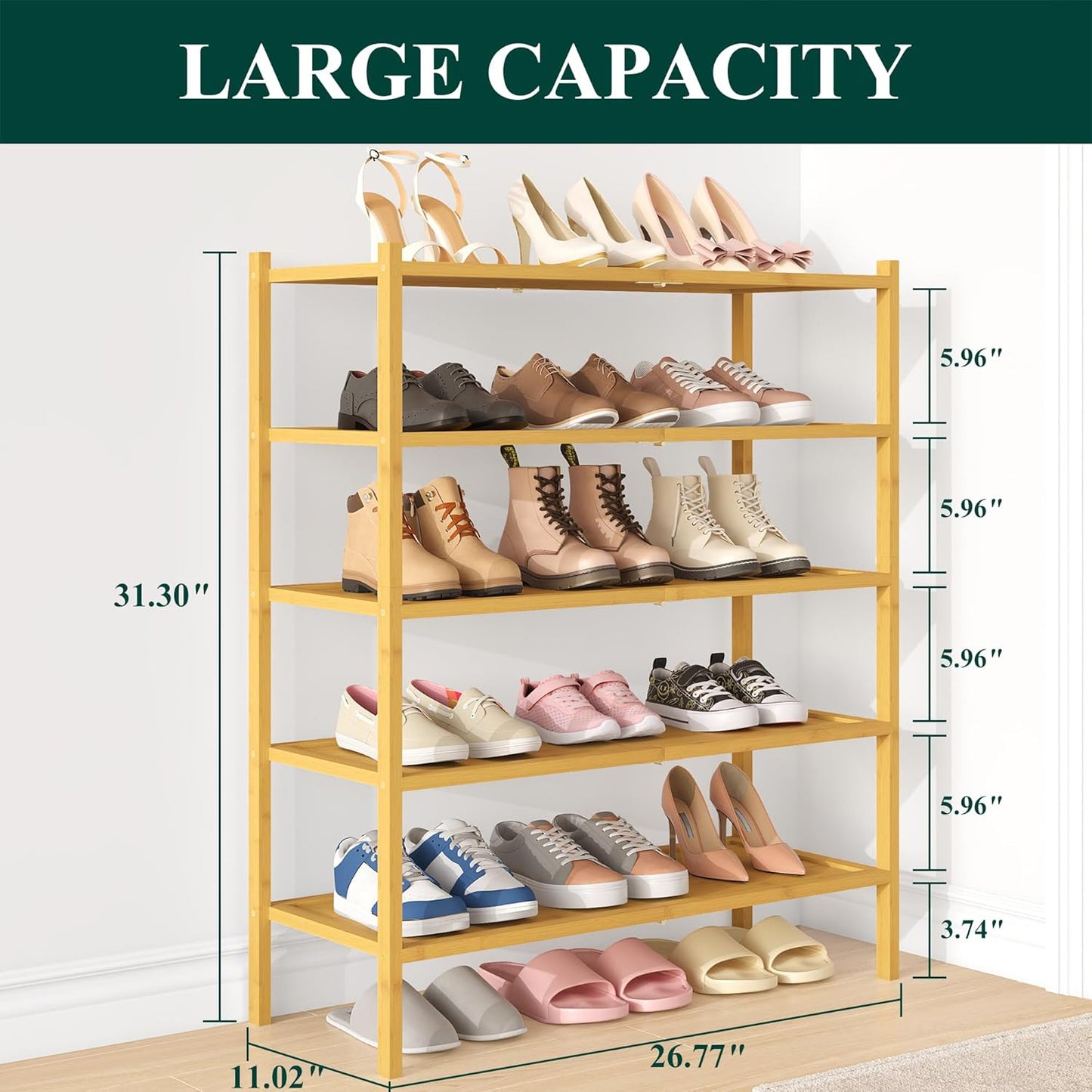 Smiry Bamboo Shoe Rack, 5 Tier Shoe Organizer for Entryway & Closet, Stackable Free Standing Storage Shelf for Shoes, Bags & Plants, Natural