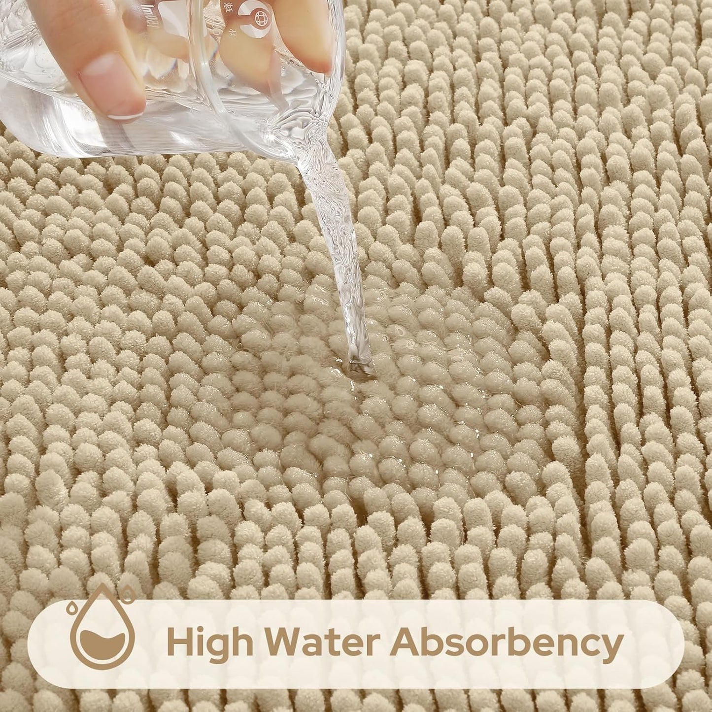 HOMEIDEAS 3 Pieces Bathroom Rugs, Ultra Soft Non Slip Absorbent Chenille Toilet Bath Mat Set (Beige,17"x24"+20"x32"+U Shape 20"x24")