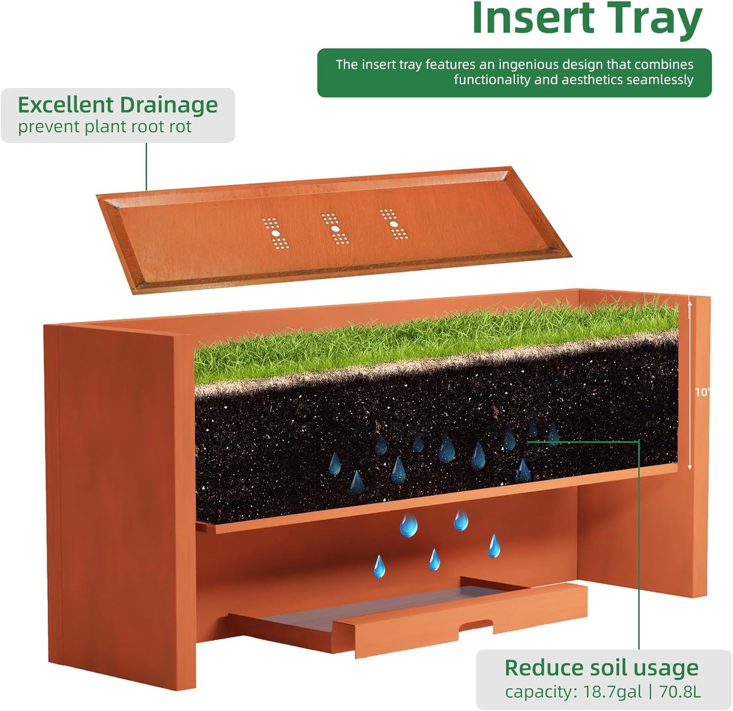 KOL Corten Steel Rectangular Planter Box - 36" Lx12 Wx16 L. Pre-Rusted Weathering Steel Planter, Heavy Duty Rustic Finish Tall Metal Plant Pot, Industrial & Residential Indoor Outdoor Use,Rusty