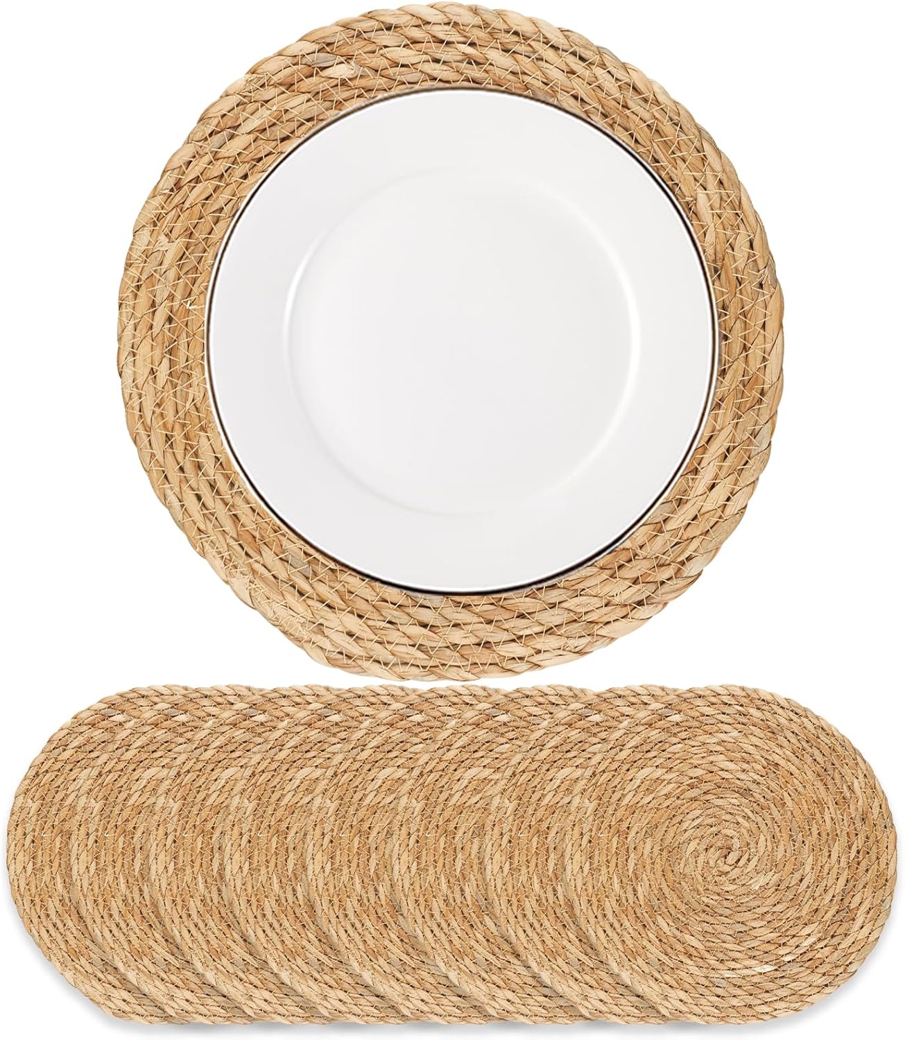 Rattan Boho Woven Placemats - Natural Hyacinth, Farmhouse Weave, Rustic Wicker Table Mats (Set of 8, 13.5 inch)