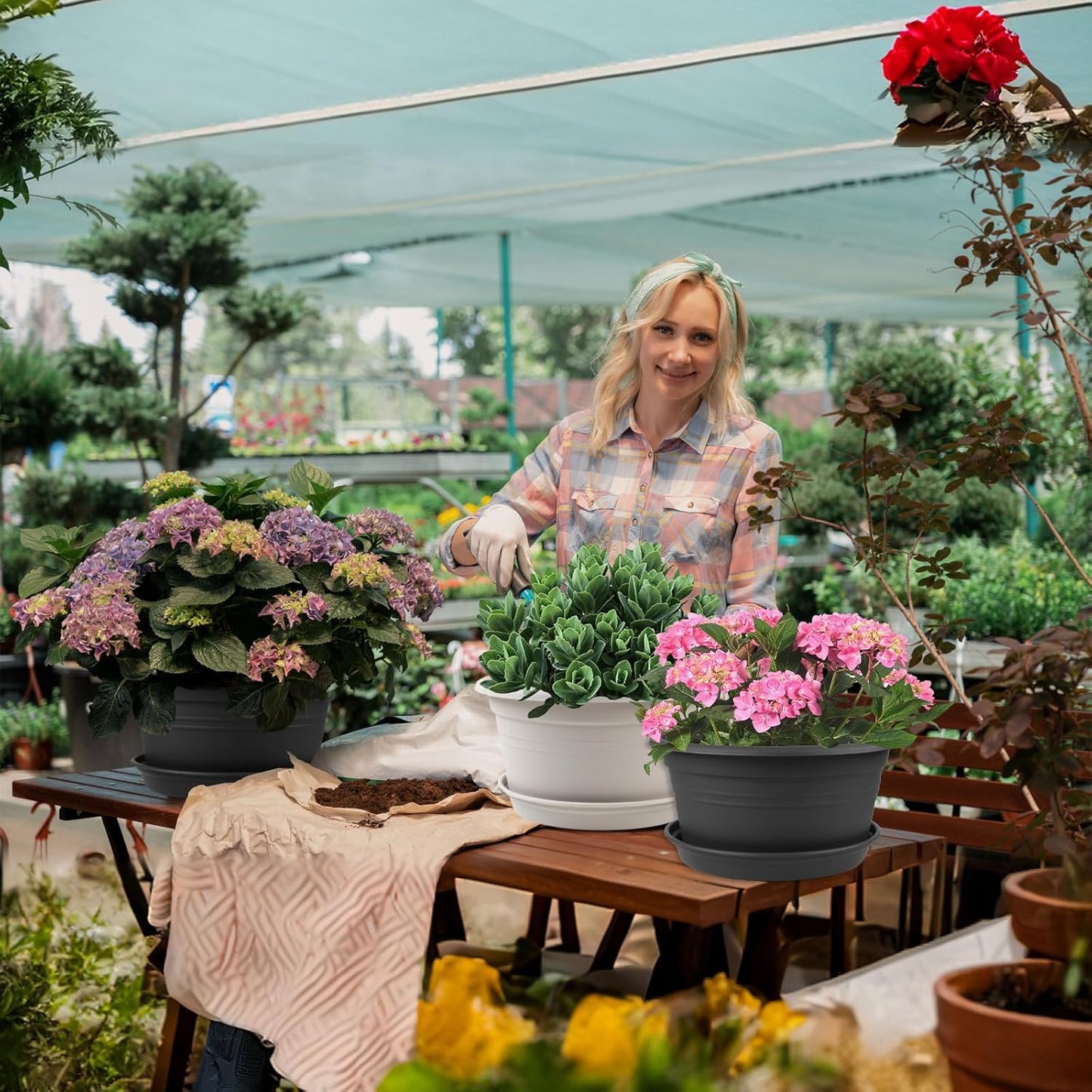 6 Pack 10 inch Plant Pot, Outdoor Pots for Plants with Drainage Hole & Tray Saucer, Round Plastic Plant Pot, Decoration Flower Pots for Indoor Plants Home Garden Outdoor Planters (Gray White)