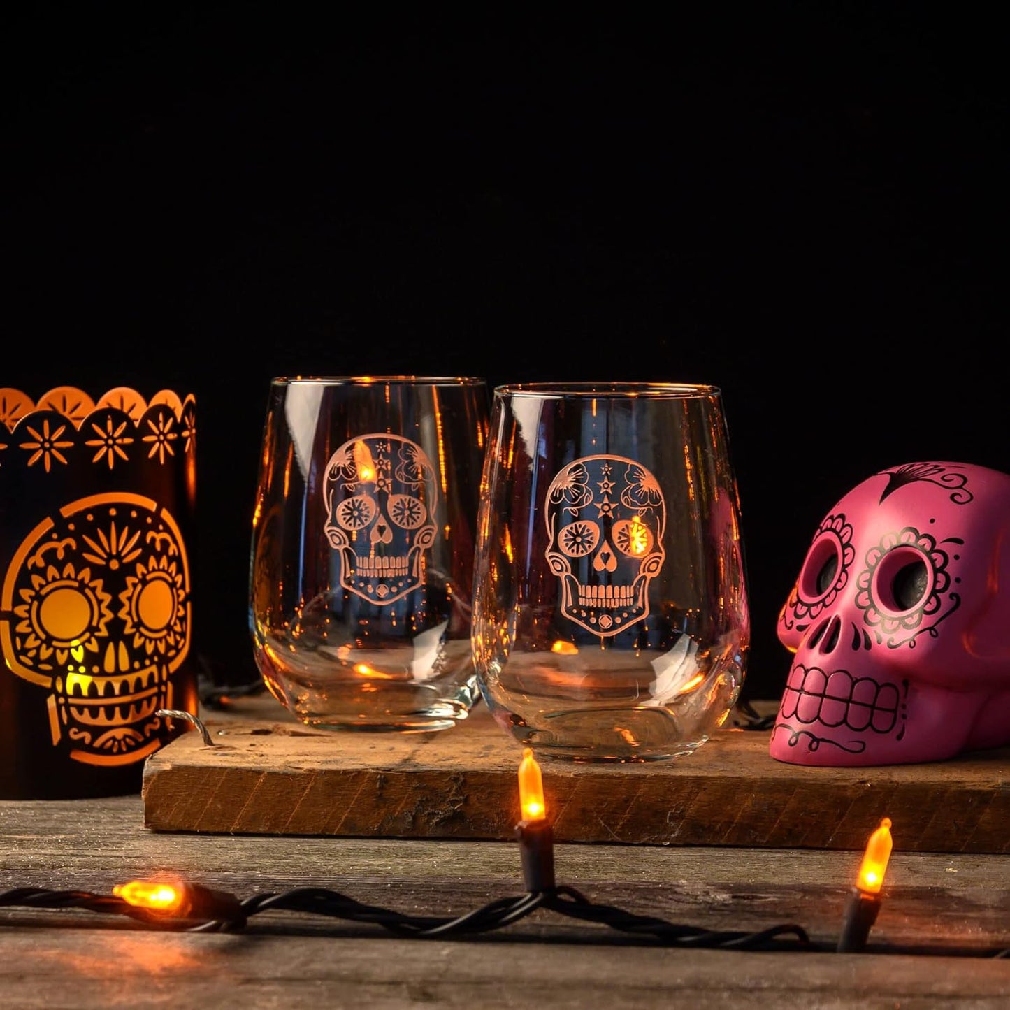 Rolf Glass Sugar Skull Stemless Wine Glass (Set of 4), 17 oz, Clear