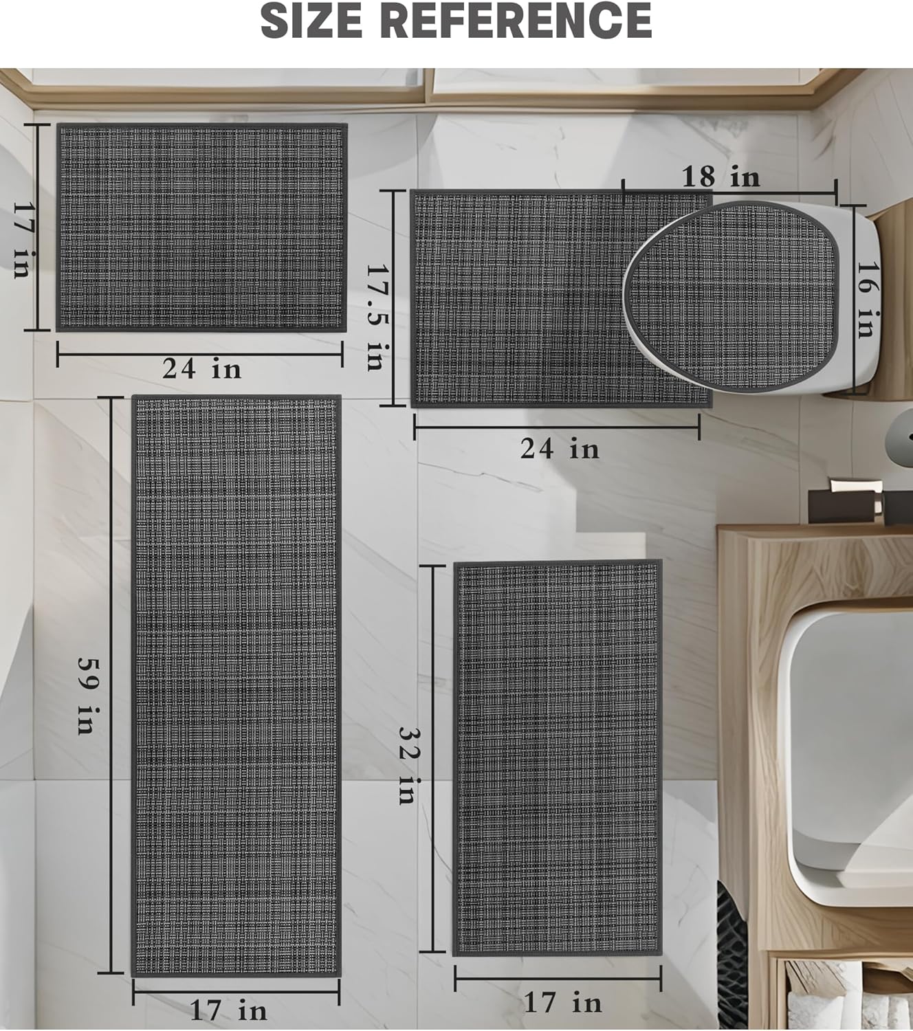 YIHOUSE Bathroom Rugs Sets 5 Pieces, Dark Grey Ultra Thin Bath Mats Fit Under Door, Absorbent Quickly Dry Rubber Backing Braided Bath Mat Set, Non Slip Washable Bath Rugs for Bathroom Floor, Grey