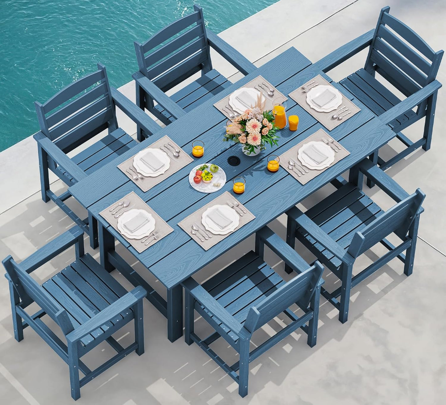 SERWALL 7-Piece Patio Dining Table Sets, Outdoor HDPE Dining Furniture Set with Umbrella Hole Cut-Out Table and 6 Chairs, Blue