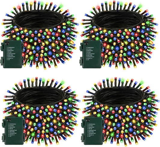 4 Pack Battery Operated Christmas Lights with Timer, 132FT 400 LED Waterproof Battery Twinkle Light, 8 Modes Green Wire Fairy Light for Indoor & Outdoor Bedroom Tree Christmas Decorations (Multicolor)