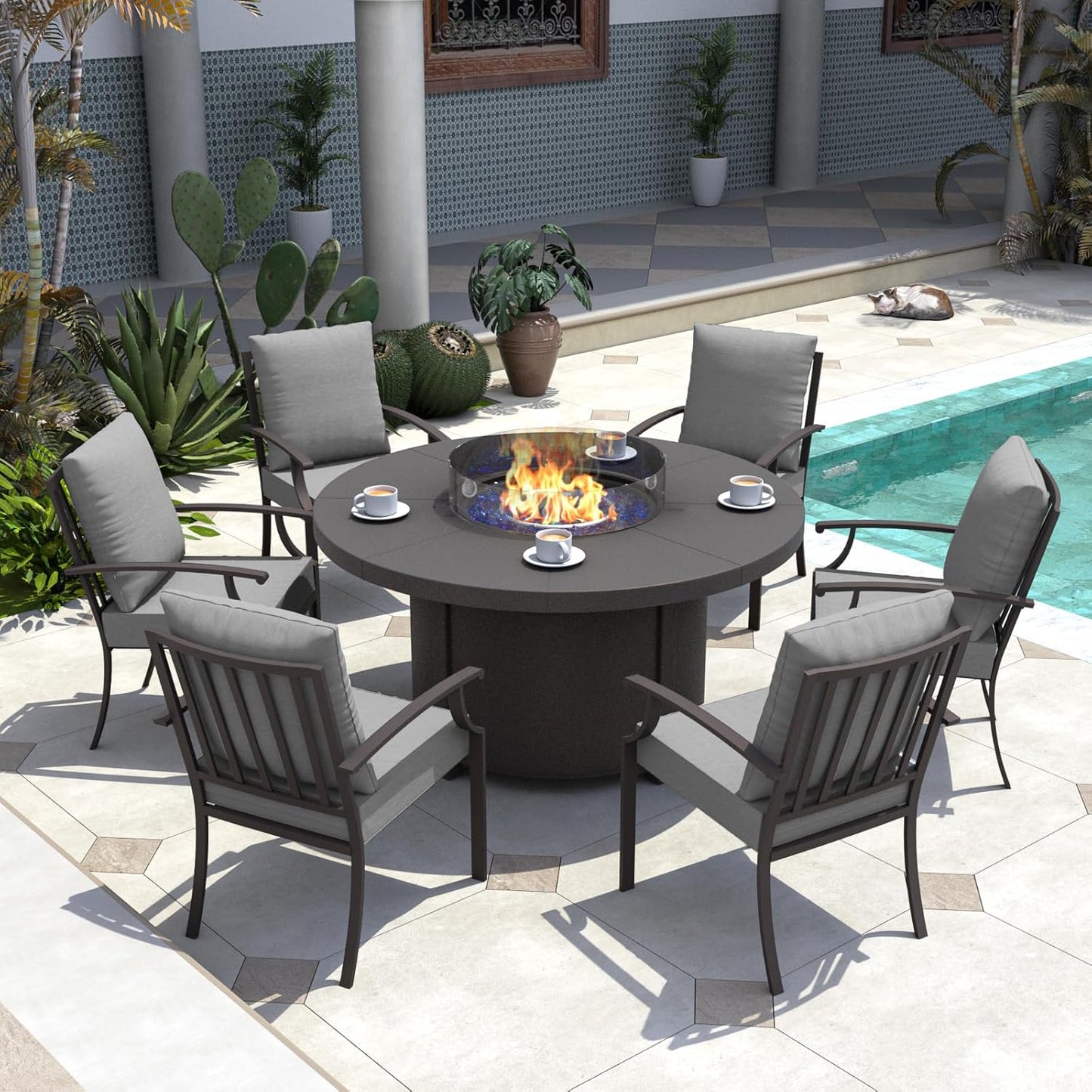 Kurapika 7 Piece Metal Outdoor Patio Furniture Set with 48" Round Fire Pit Table, Patio Conversation Sets 6 Fixed Chairs with Thick Cushion and 40000 BTU Propane Fire Pit Table, Grey