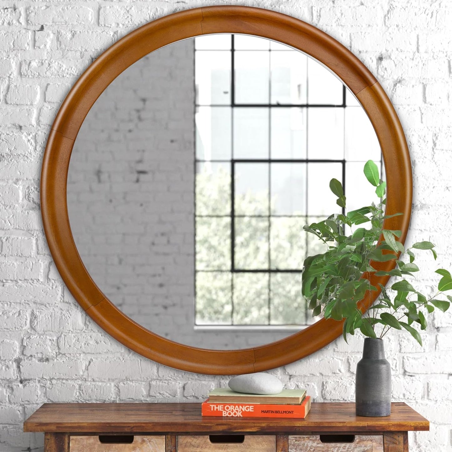 Round Wood Mirror for Wall,36 Inch Circle Decorative Mirror with Walnut Frame,Rustic Bathroom Hanging Vanity Mirror for Entryway,Bedroom or Living Room