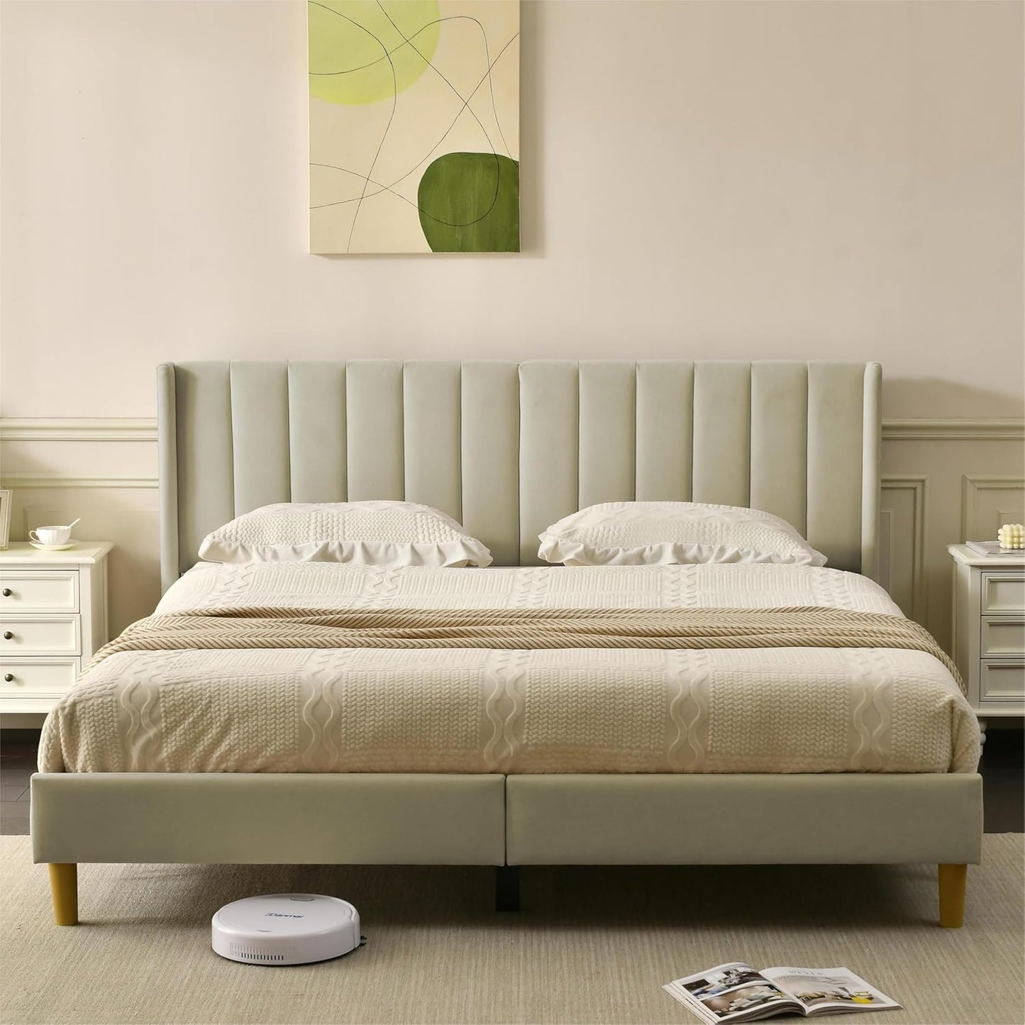 YUHUASHI upholstered Platform Bed Frame/King Bed Frame/Modern Geometric Double-Wing Design headboard/Linen Fabric/Easy to Assemble no Noise (Beige, King (U.S. Standard))