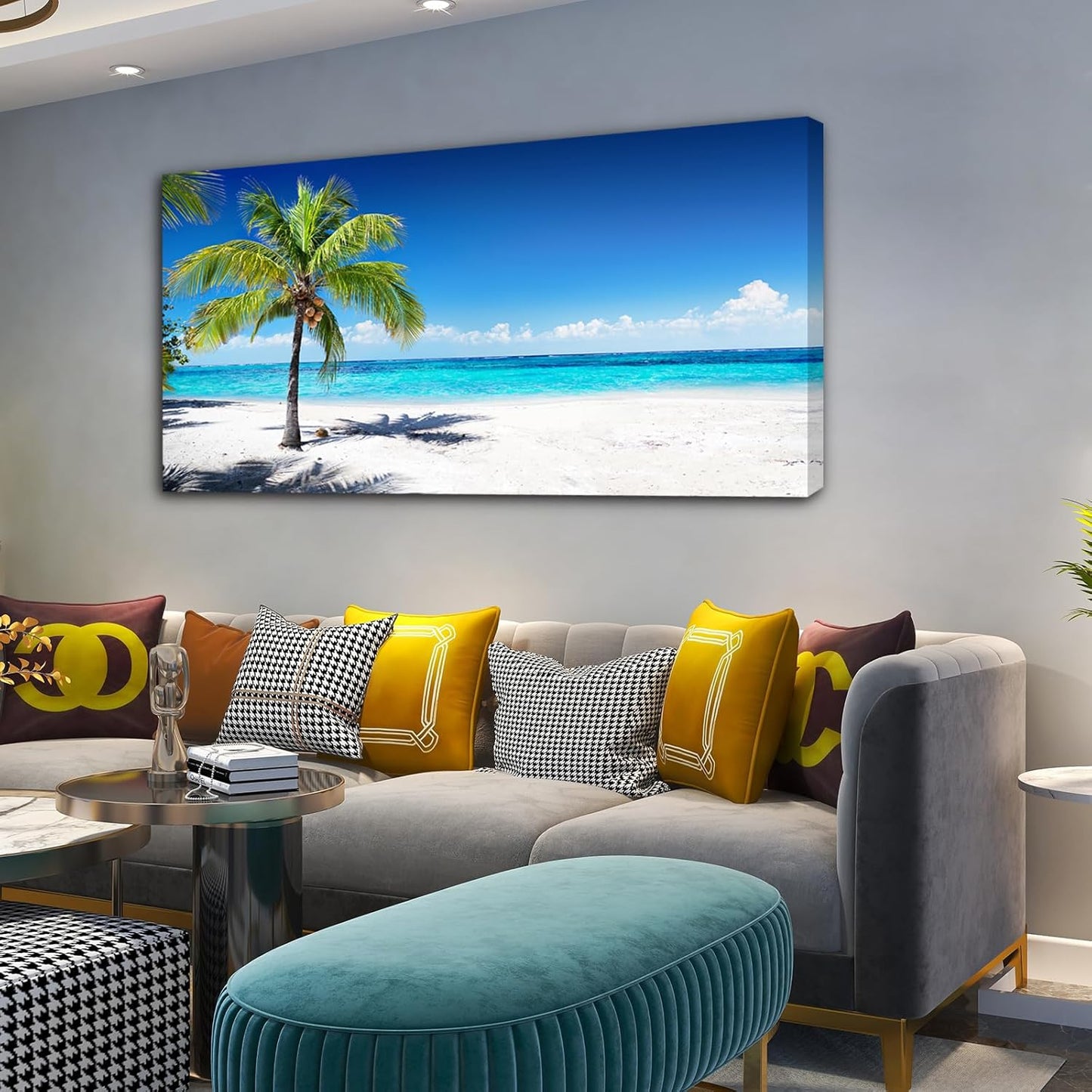 Baisuart Large Canvas Wall Art Summer Ocean Waves Coconut Trees on Sands Beach Seascape Painting Sea Nature Pictures for Living Room Home Office Wall Decor Artwork XXLarge 30x60inch