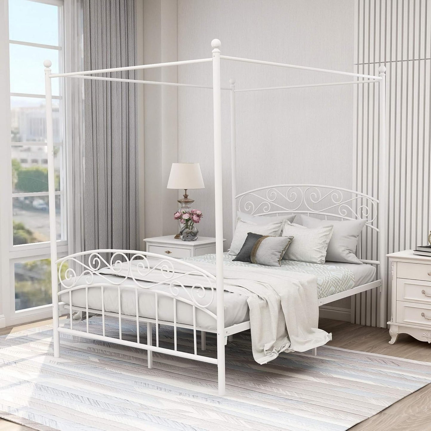 Full Size Canopy Bed Frame Four-Poster Metal Platform Bed with Headboard and Footboard Sturdy Heavy Duty Steel Slat Support No Box Spring Needed White