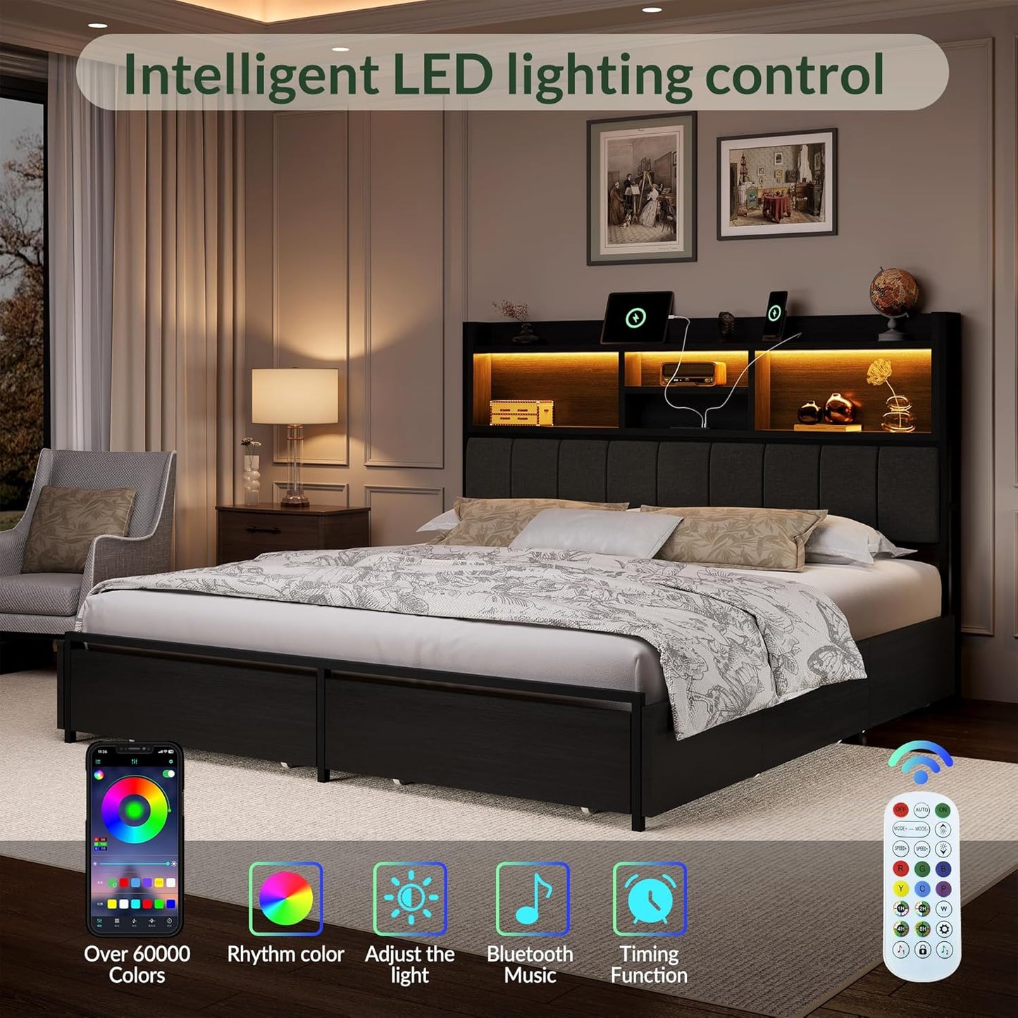 LARMACE Queen Bed Frame with 6 Storage Drawers, Bed Frame Queen Size with Linen Upholstered Headboard, Built in Charging Station and LED, No Noise, Metal Support, No Box Spring Needed,Vintage Black