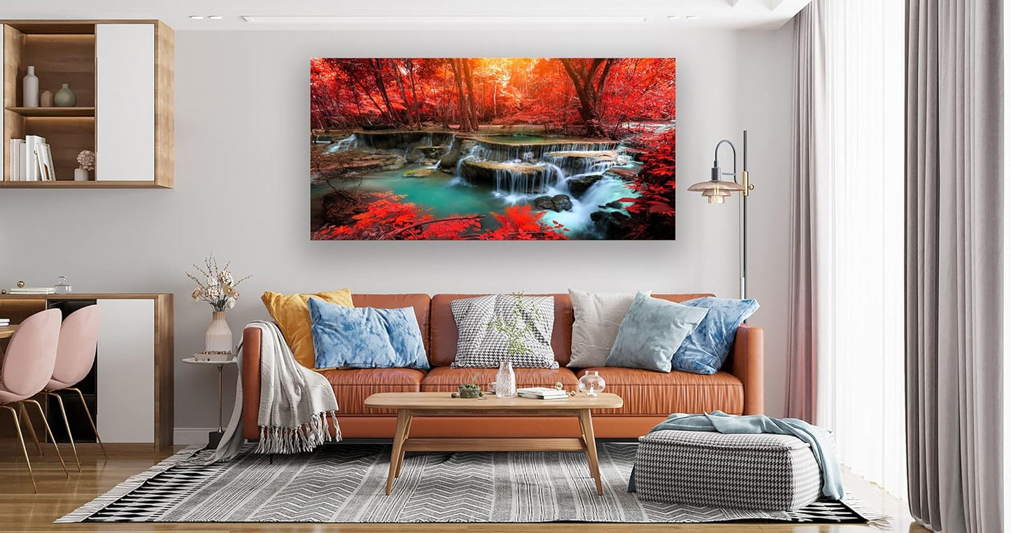 Muolunna BK03975 Wall Art Decor Canvas Print Picture Red Forest Waterfalls 1 Piece Modern Landscape Tree for Living Room Bedroom Kitchen Office Home Decorations Stretched and Framed Ready to Hang