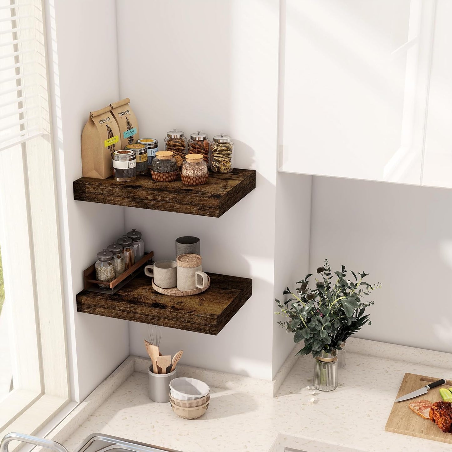 12 Inch Deep Floating Shelves, 16 x 12 Floating Shelf for Books, Rustic Wood Deep Wall Shelves for Home Storage & Display, 2" Thicked Shelves for Kitchen, Living Room, Bedroom, Rustic Brown, 2 Pack