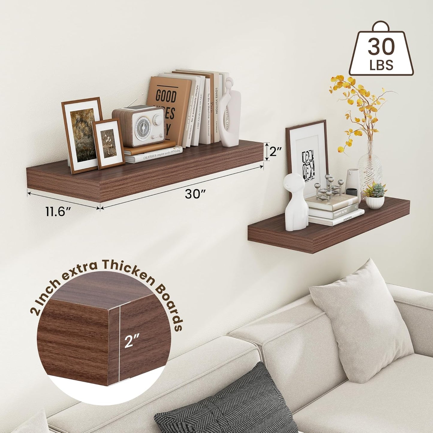30 Inch Floating Shelves for Wall - 30 Inch Wide x 12 Inch Deep Walnut Floating Shelves Set of 2 - Rustic Wide Wood Wall Shelves for Living Room Bathroom Laundry Room Kitchen Home Office
