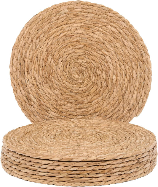 GENMOUS Woven Placemats Set of 8, 12" Round Placemats Natural Water Hyacinth Boho Placemats, Farmhouse Rattan Chargers for Dinner Plates, Rustic Braided Wicker Table Mats for Dining Table,Home,Wedding