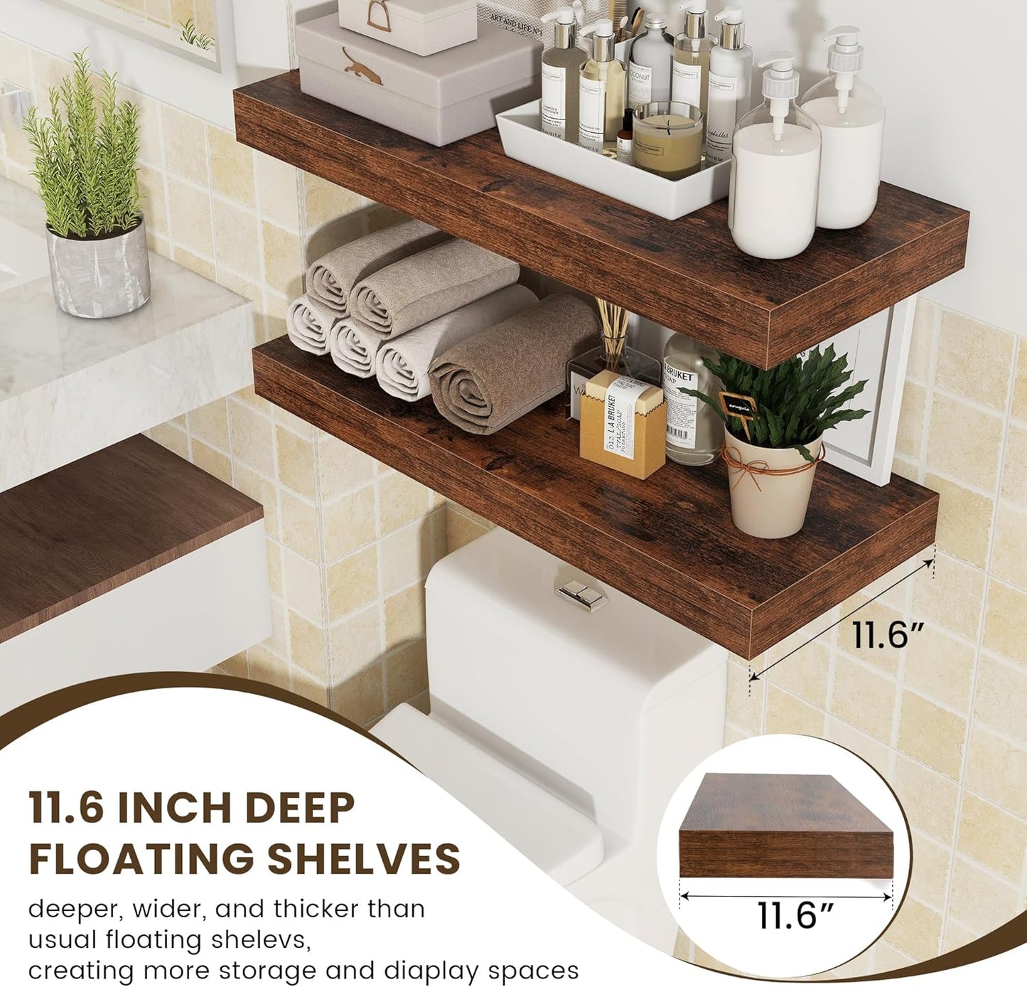 30 Inch Floating Shelves for Wall -30 Inch Wide x 12 Inch Deep Floating Shelves Set of 2 - Rustic Wide Wood Shelves for Living Room Bathroom Laundry Room Kitchen Home Office
