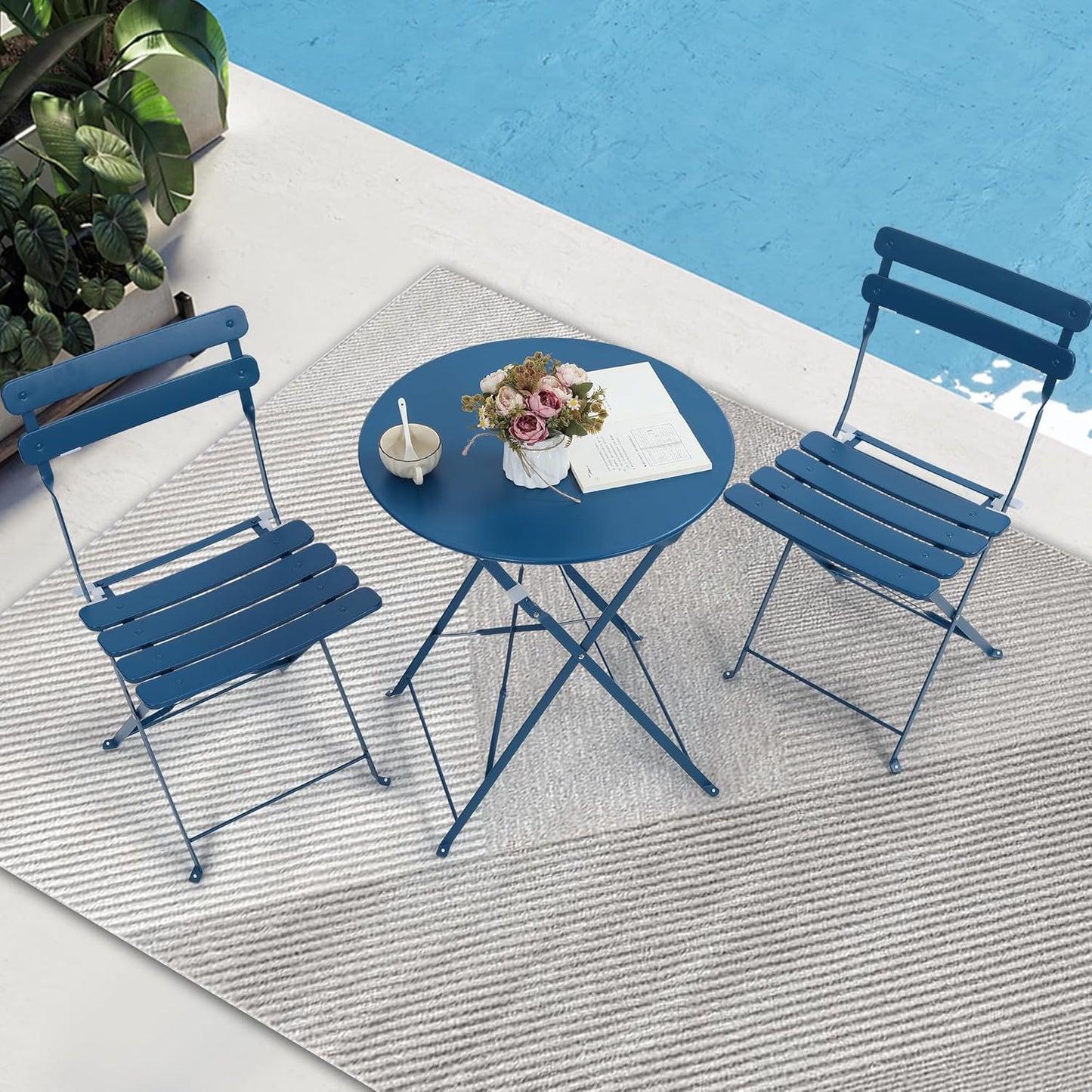 Kromax Outdoor 3 Piece Patio Bistro Set, Folding Bistro Table and 2 Folding Chairs, Patio Conversation Furniture Set, Space Saving, Blue