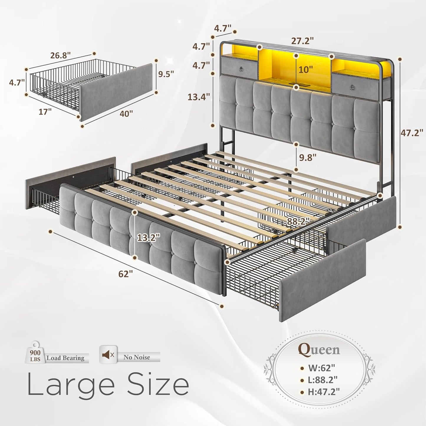 EnHomee Queen Bed Frame with Upholstered Headboard and 6 Storage Drawers,Camas Queen with LED Lights and Charging Station,no Box Spring Needed,No Noise, Easy Assembly,Velvet,Sturdy,Soft,Grey