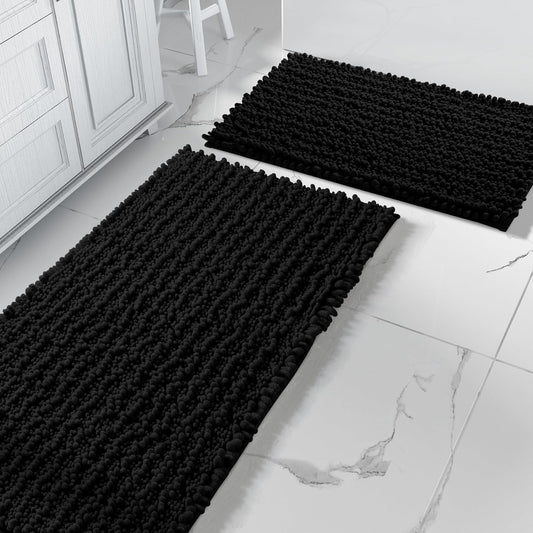 Yimobra Bathroom Rugs Sets 2 Piece - Quick Dry Extra Thick Luxury Chenille Bath Mat, Non Slip Super Absorbent for Tub Shower Sink, Machine Washable Shaggy Floor Mat, 44"x24"+24"x17" Inch, Black