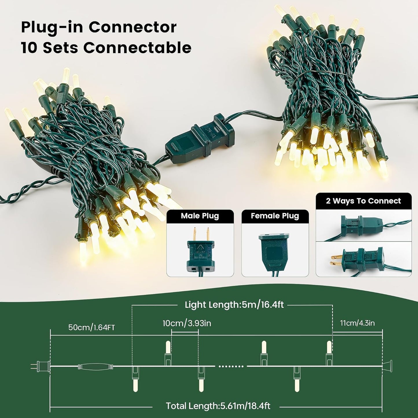 Hopolon LED Christmas Lights 16.4FT 50LED Warm White String Lights Clear Christmas Light Xmas Light Indoor Outdoor with Green Wire, Connectable UL Certified Waterproof for Tree,Home,Festival,Party