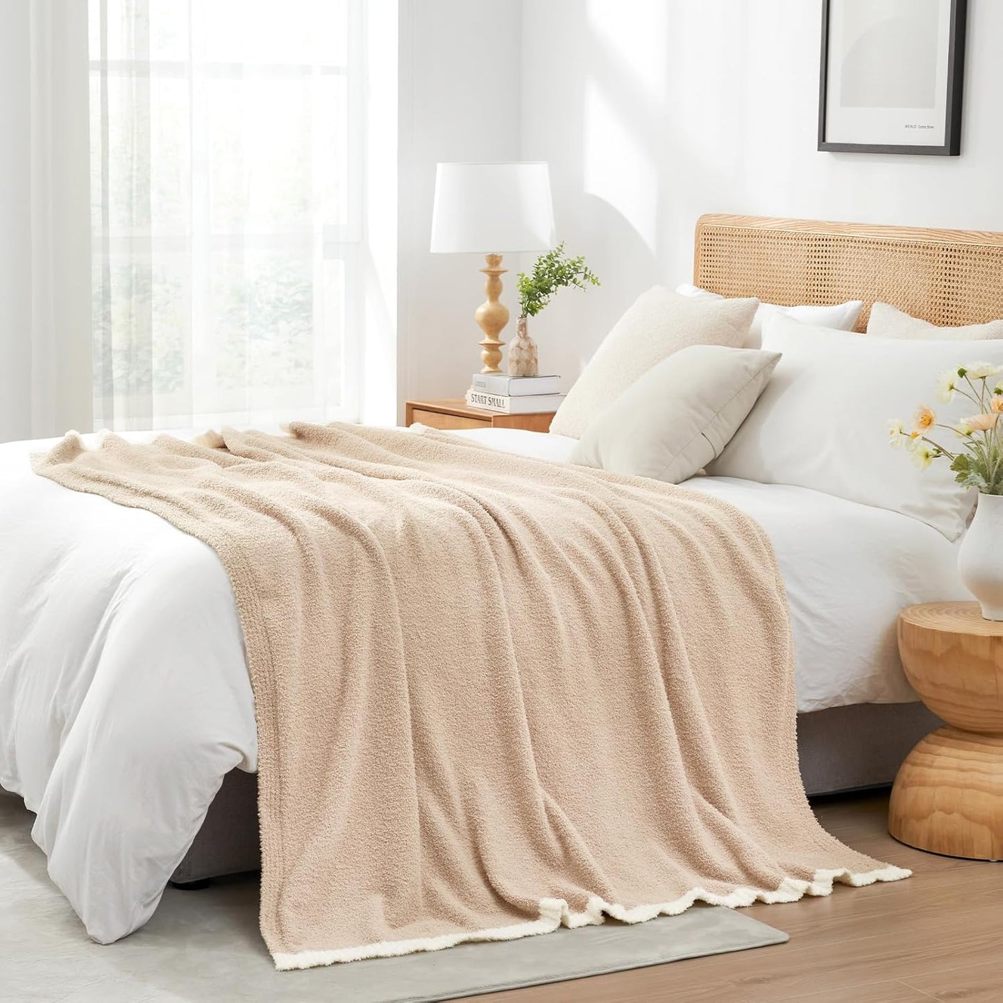 Snuggle Sac Beige Throw Blanket for Couch Bed Sofa 60x80 inches, Reversible Beige Blanket Microfiber Fluffy Fuzzy Cozy Knit Twin Blanket for Women Mothers Birthday Gifts