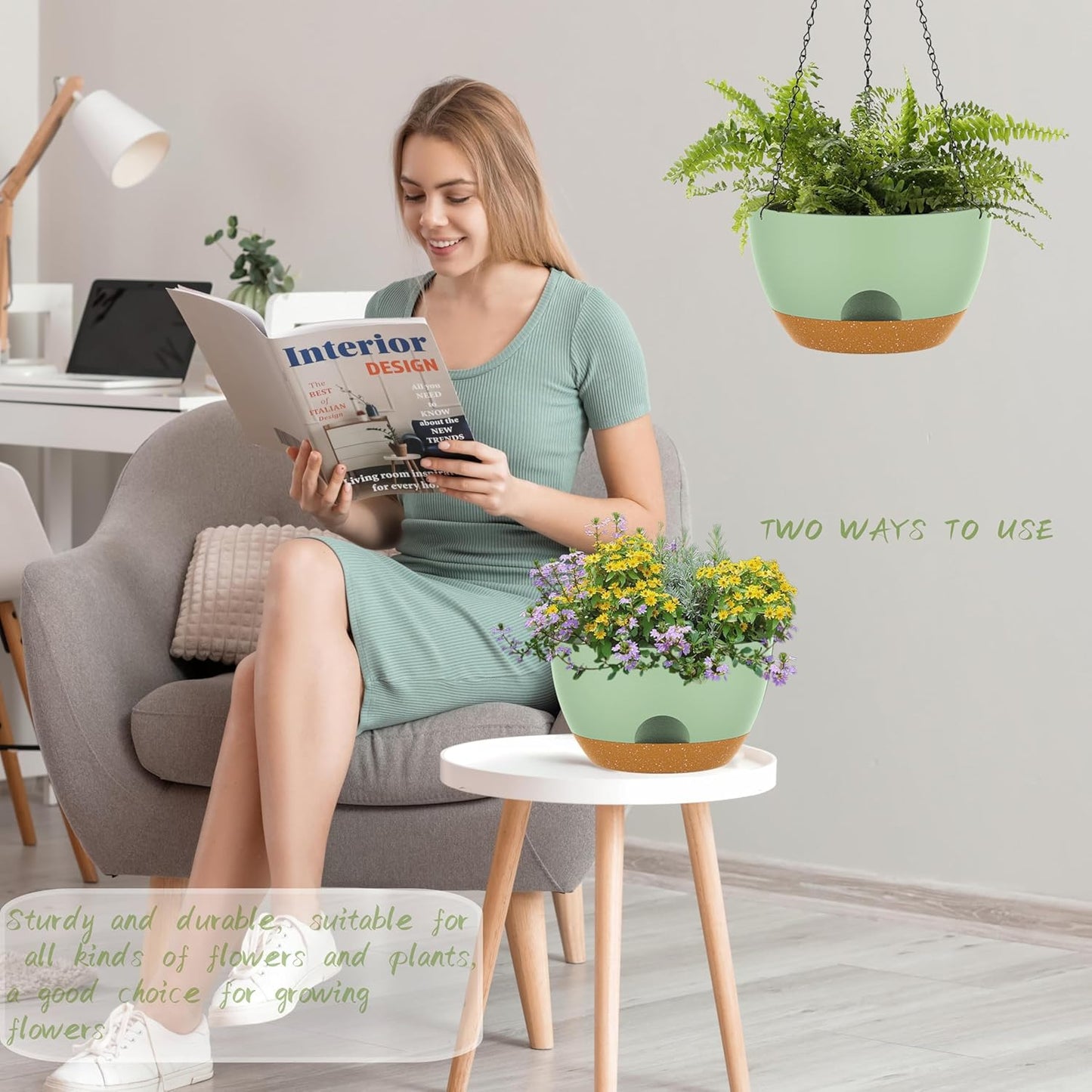 10 Inch Hanging Baskets 2 PC with Chains, Self-Watering Hanging Planters for Indoor Outdoor Plants, Plastic Hanging Flower Pots,Green Brown