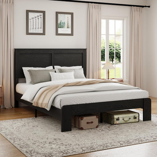 Wood Platform Bed Frame, Full Bed Frame with Headboard and Wood Slat Support, Easy Assembly, No Box Spring Needed, Noise-Free, Black