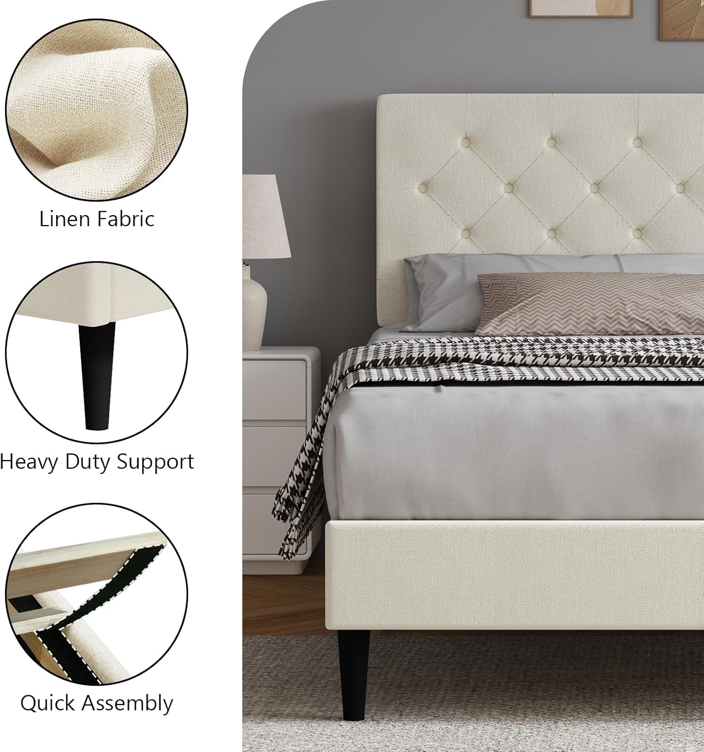 HOMBCK Queen Size Bed Frame with Headboard, Linen Fabric Upholstered Platform Bed Frame, Button Tufted Bed Frame Queen, Wooden Slat Support, No Box Spring Needed, Easy Assembly, Cream