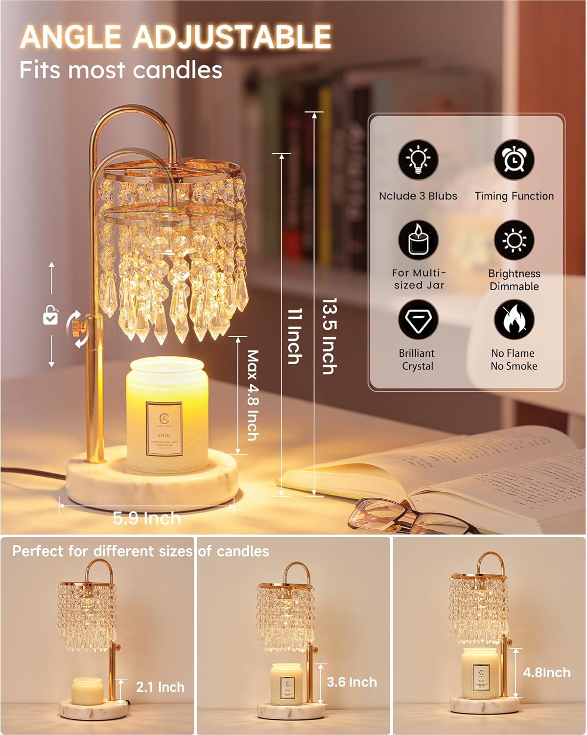 Candle Warmer Lamp with Timer Dimmer and 3 Bulbs, Lamp Candle Warmer with Marble Base for Adjustable Height, Crystal Candle Warmer Lamp for Jar Candles, House Warming Decor Gifts, French Gold