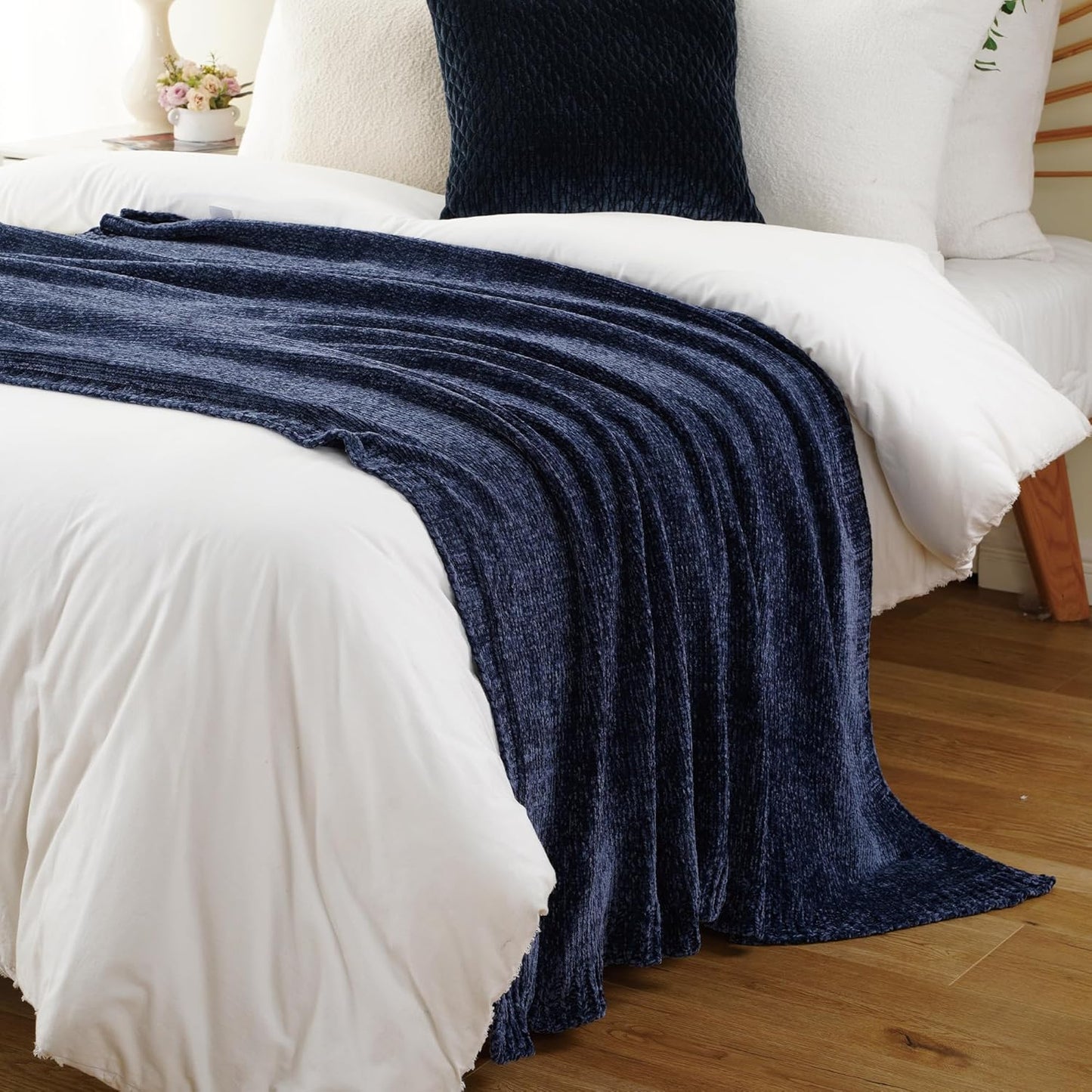 BATTILO HOME Navy Throw Blanket for Couch, Dark Blue Throw Blankets for Sofa, Chair, Living Room, Chenille Knit Throw Blankets for Bed Living Room Home Decor, 51"x67"