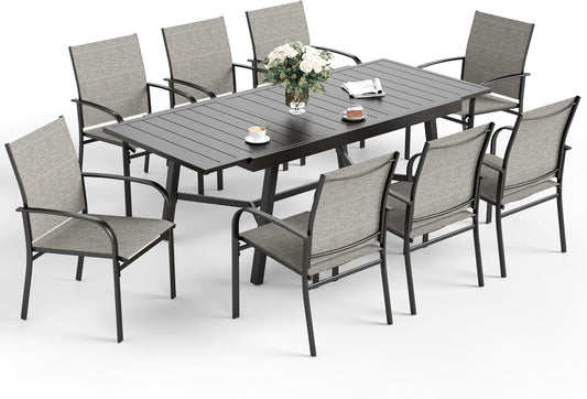 9 Piece Patio Dining Set for 8, Rectangular Extendable Dining Table, 8 Metal Brown Chairs, Outdoor Table and Chairs Set for Lawn Backyard and Deck