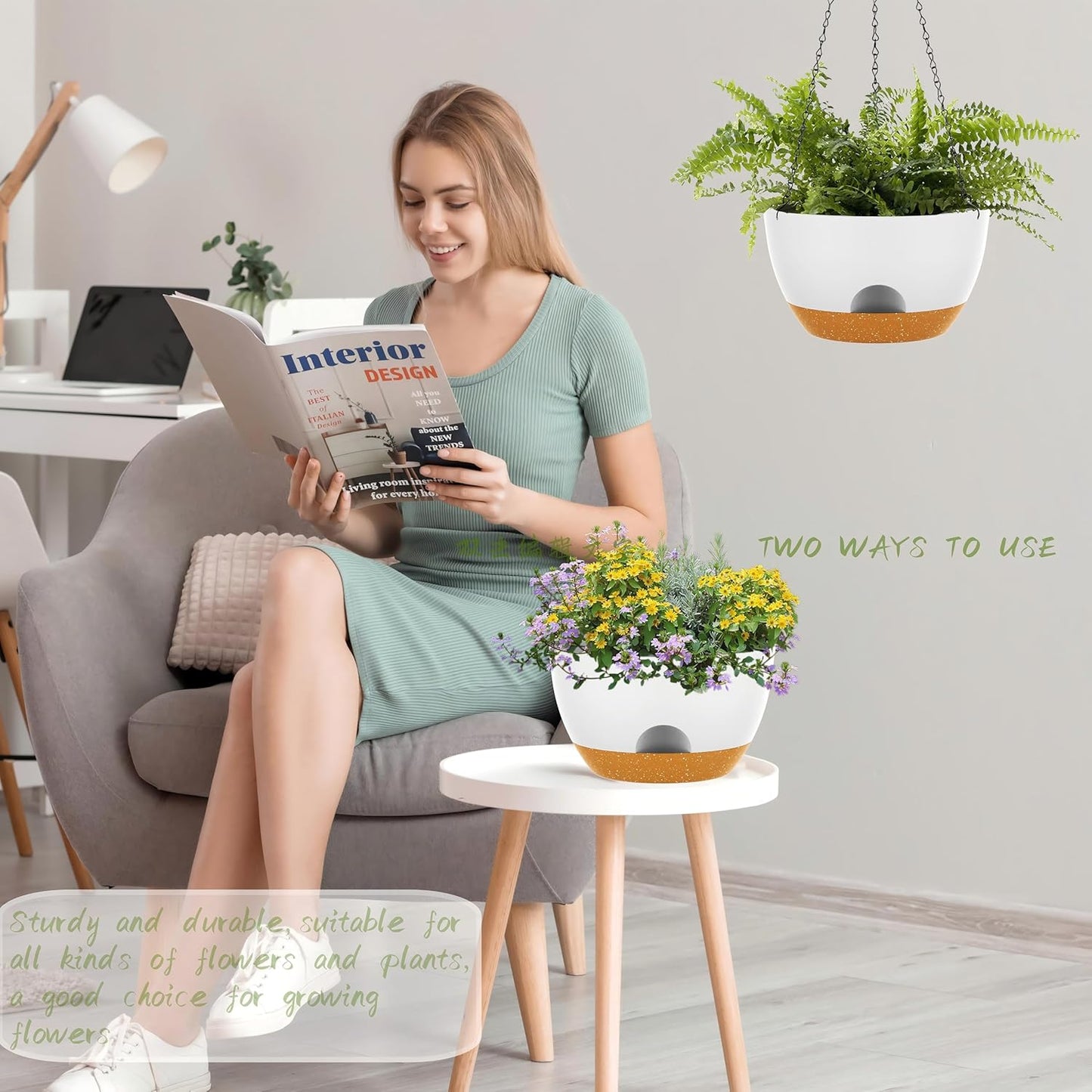 10 Inch Hanging Baskets 2 PC with Chains, Self-Watering Hanging Planters for Indoor Outdoor Plants, Plastic Hanging Flower Pots,White Brown