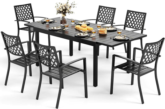 MFSTUDIO Outdoor Dining Set for 6, Expandable Patio Table and Chairs Set, 7 Piece Metal Patio Furniture Set, Patio Dining Set for Deck Backyard Poolside Garden