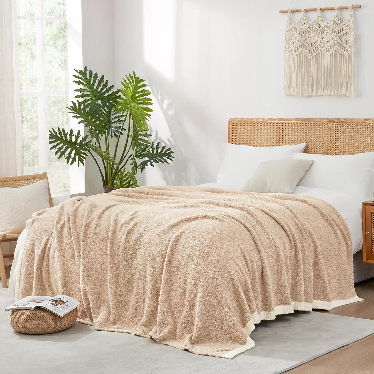 Snuggle Sac Beige Bedding Blankets Queen Size 90x90 inches, Reversible Microfiber Fluffy Fuzzy Soft Throw Cozy Knit Blanket for Women Mothers Birthday Gifts