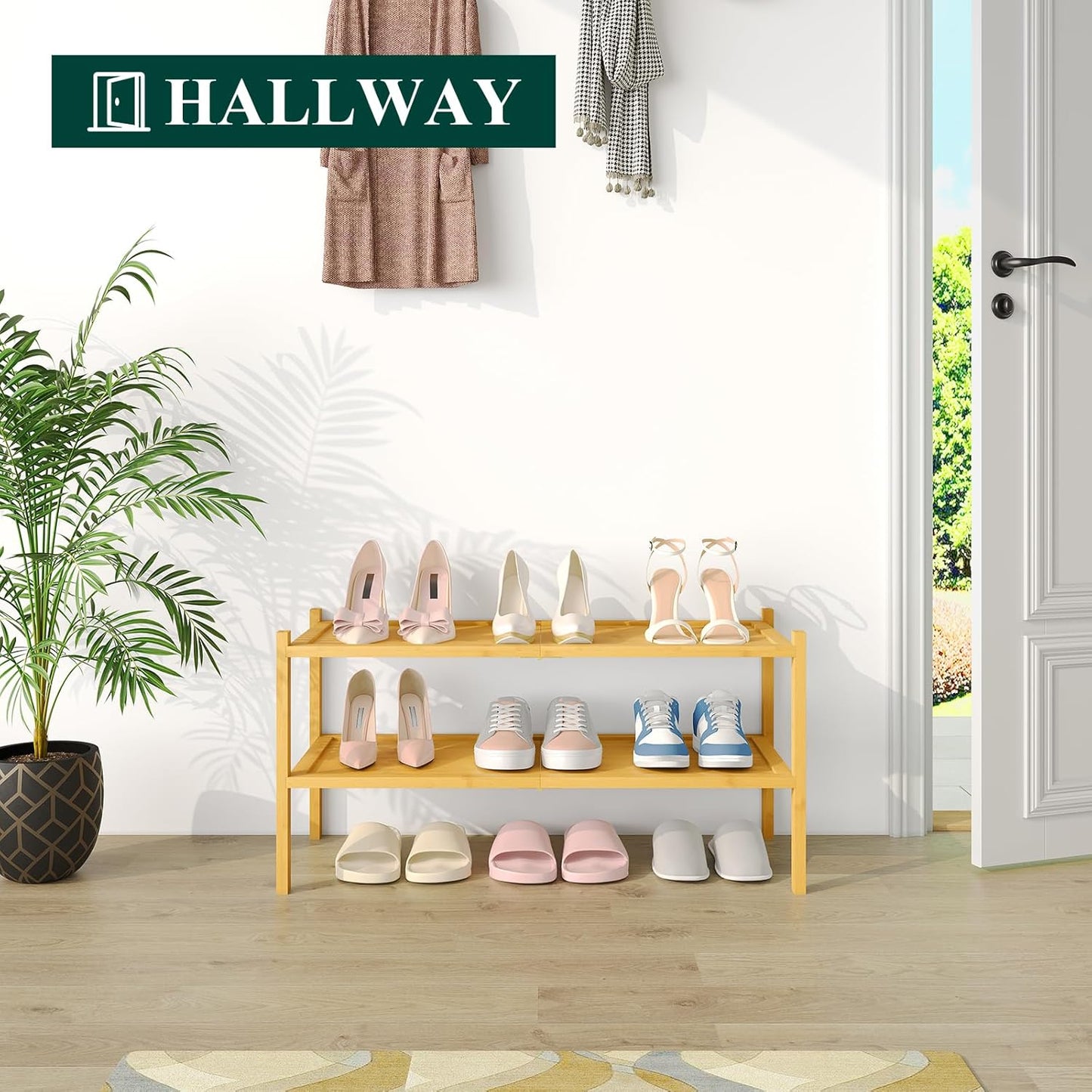 Smiry Bamboo Shoe Rack, 2 Tier Shoe Organizer for Entryway & Closet, Stackable Free Standing Storage Shelf for Shoes, Bags & Plants, Natural