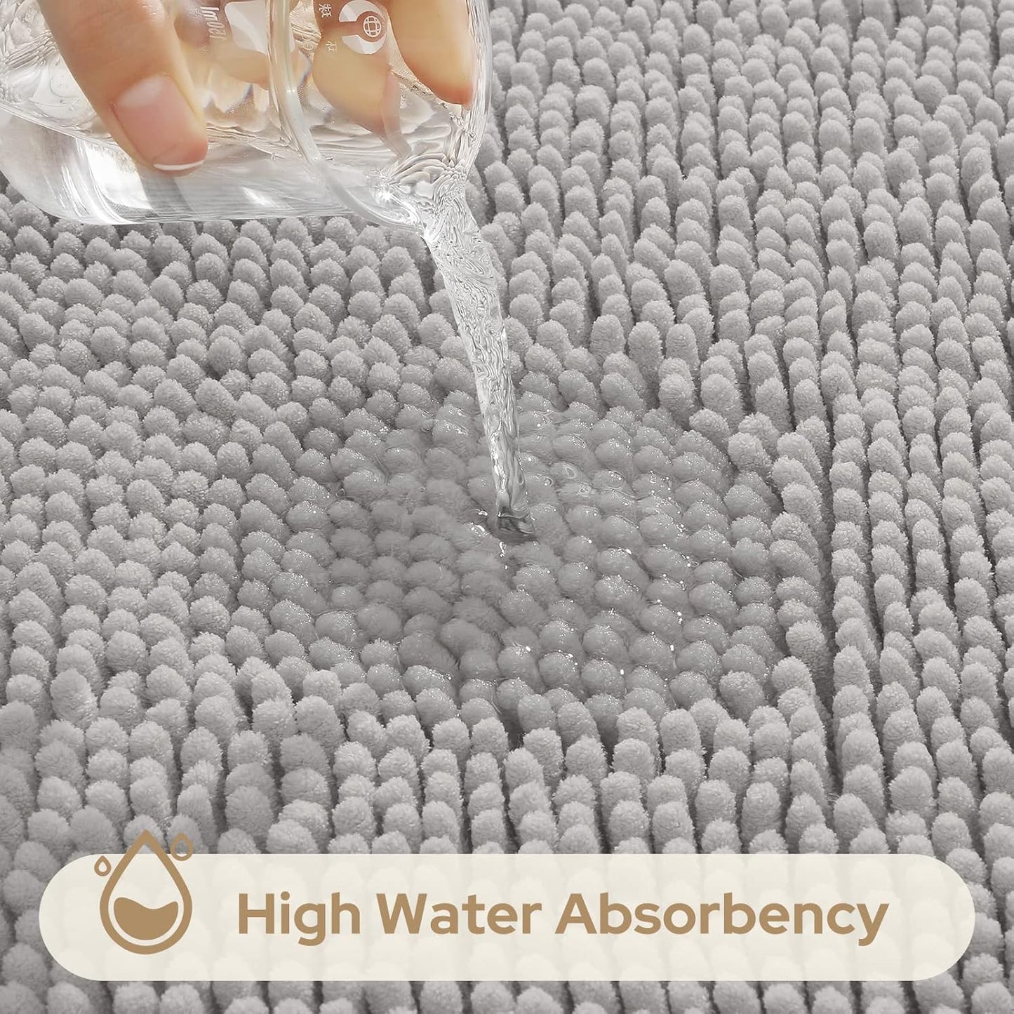 HOMEIDEAS 3 Pieces Bathroom Rugs, Ultra Soft Non Slip Absorbent Chenille Toilet Bath Mat Set (Light Grey,17"x24"+20"x32"+U Shape 20"x24")