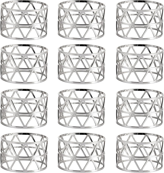 12Pcs Napkin Rings, Christmas Napkin Rings Set of 12, Metal Napkin Ring Set, Hollow Design Holiday Napkin Holders for Dining, Christmas Gathering, Table Setting Decoration, Wedding(Silver)