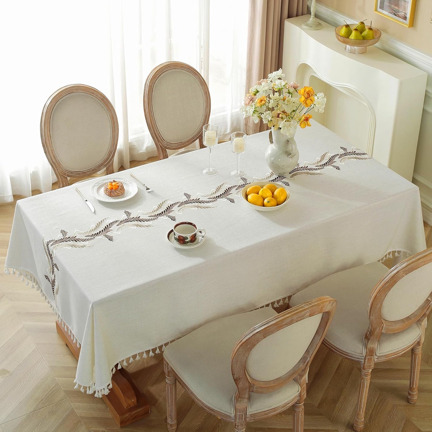 JIALE Tablecloths for Rectangle Tables, Cotton Linen Table Cloth Waterproof Tablecloth Wrinkle Free Farmhouse Dining Tables Cover, Soft Fabric Table Cloths with Tassels, Beige, 55" X 102", 8-10 Seats