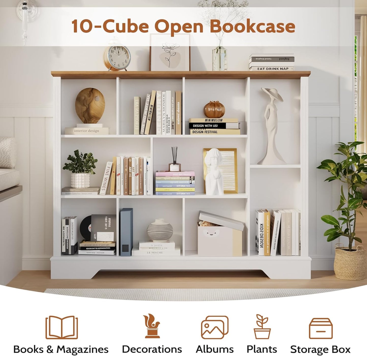 10-Cube Storage Organizer with Adjustable Shelf, Farmhouse Cube Bookcase with Fluted Front Trim for Living Room, Bedroom & Home Office – White