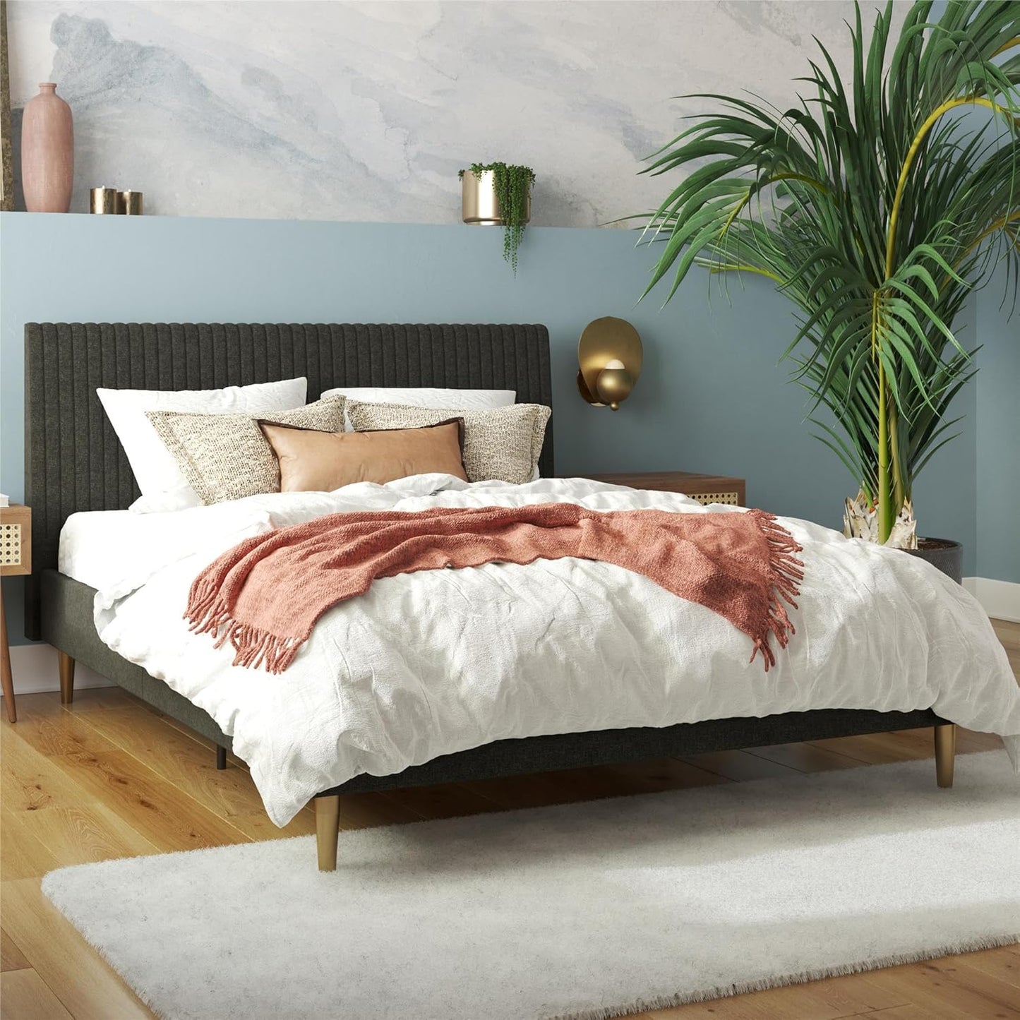 Mr. Kate Daphne Upholstered Queen Bed Frame with Headboard, Modern Platform Queen Bed Frame, Dark Gray Linen